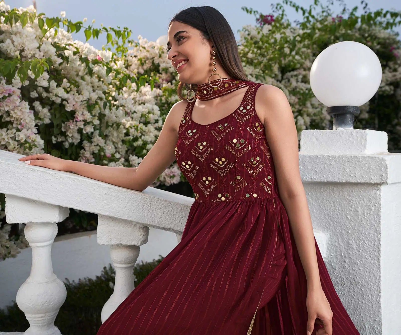 Maroon Georgette Palazzo Salwar Suit With Thread And Sequins Embroidered Work - qivii