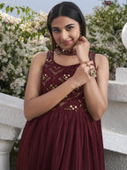 Elegant Fully Stitched Maroon Georgette Salwar Kameez with Embroidered Dupatta