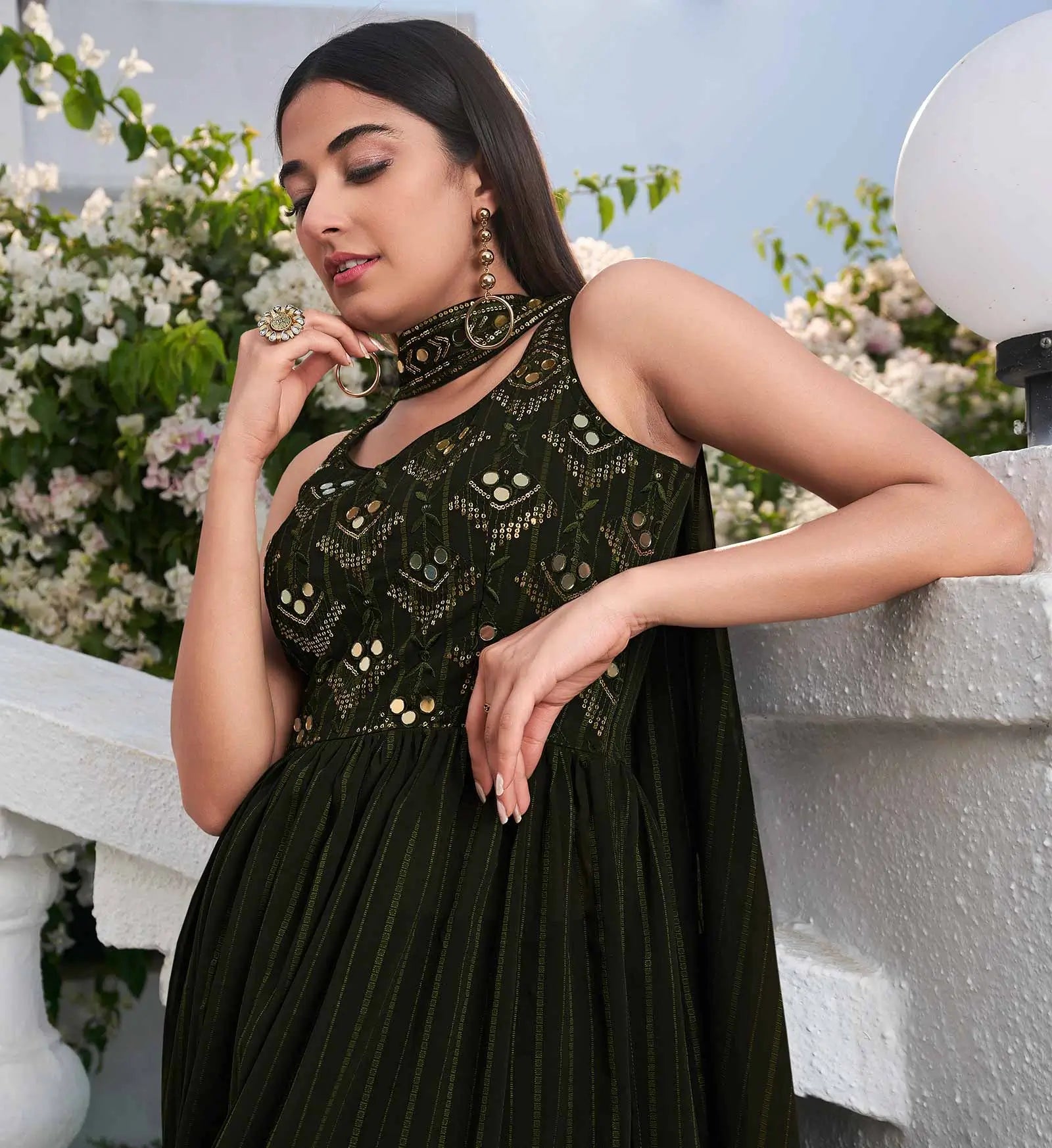 Olive green Georgette Palazzo Salwar Suit With Thread And Sequins Embroidered Work - qivii