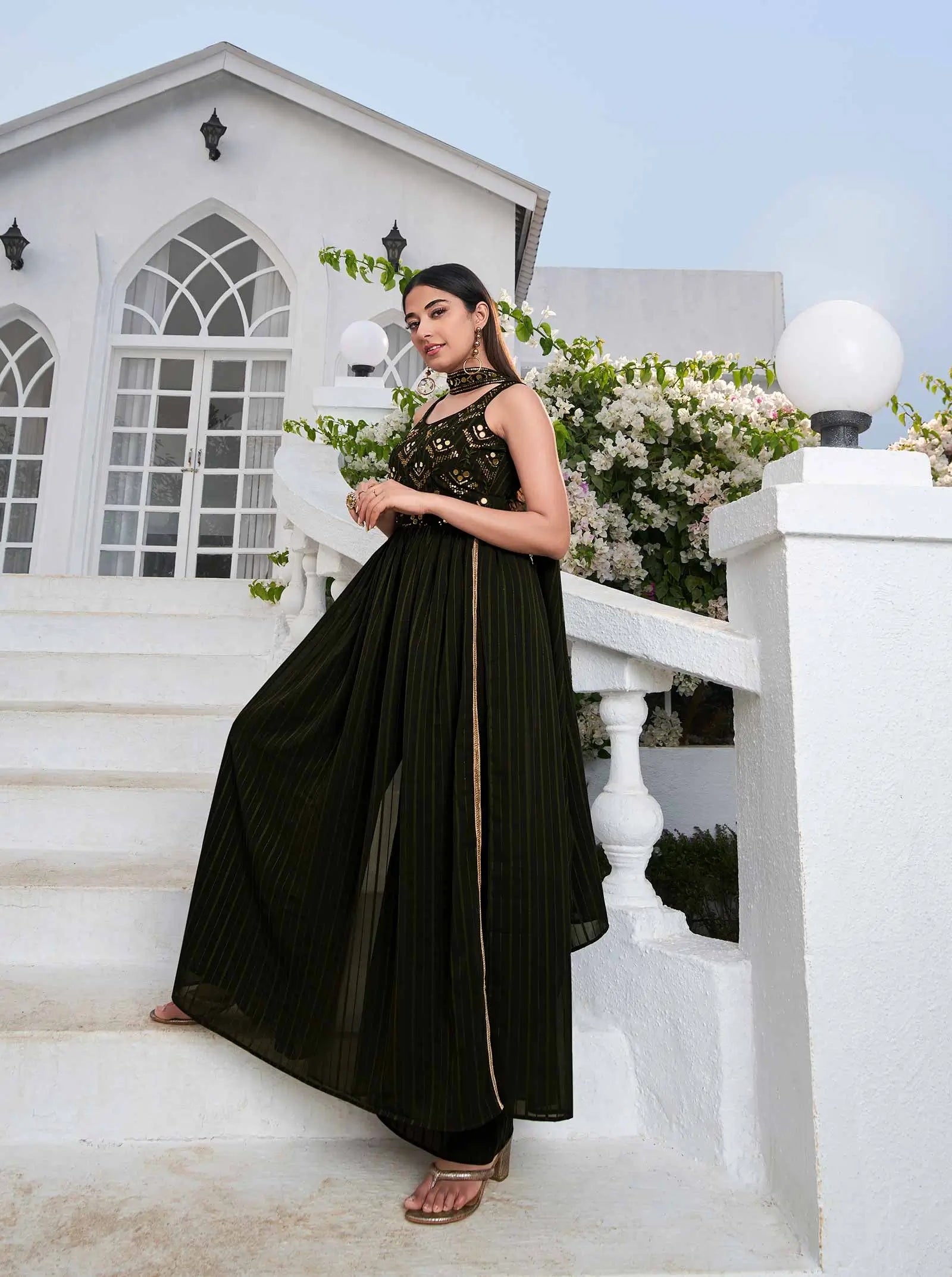 Olive green Georgette Palazzo Salwar Suit With Thread And Sequins Embroidered Work - qivii