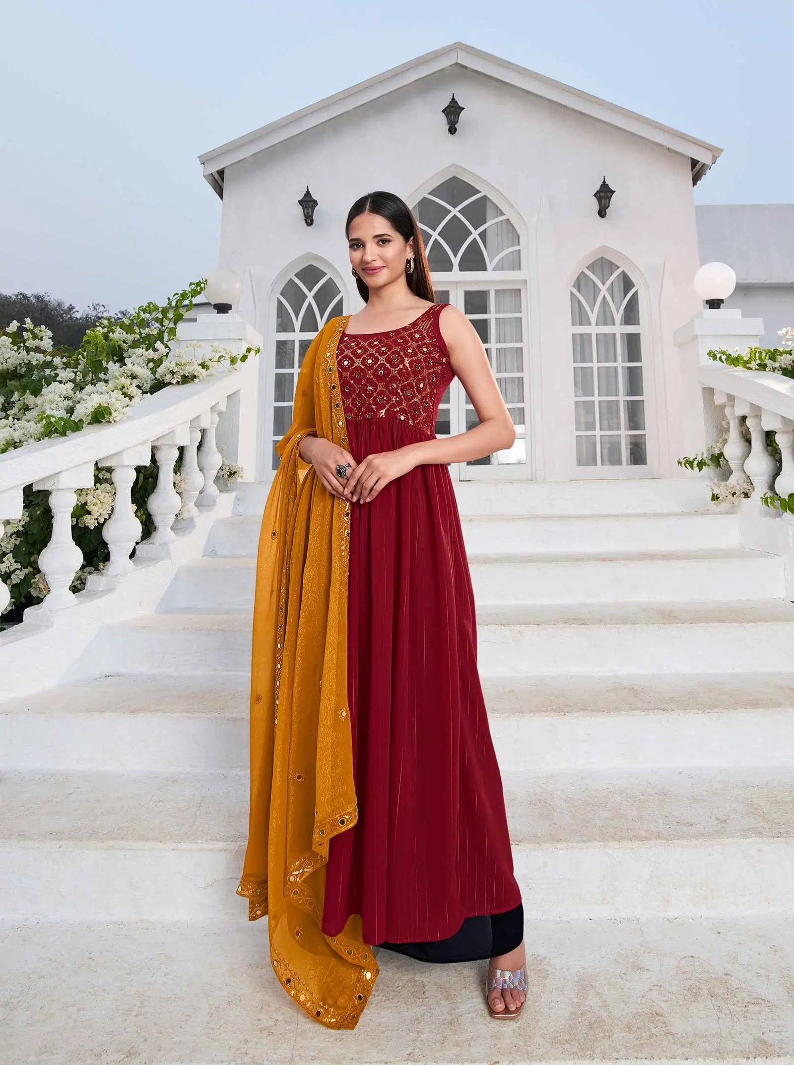 Red Georgette Palazzo Salwar Suit With Thread And Sequins Embroidered Work - qivii