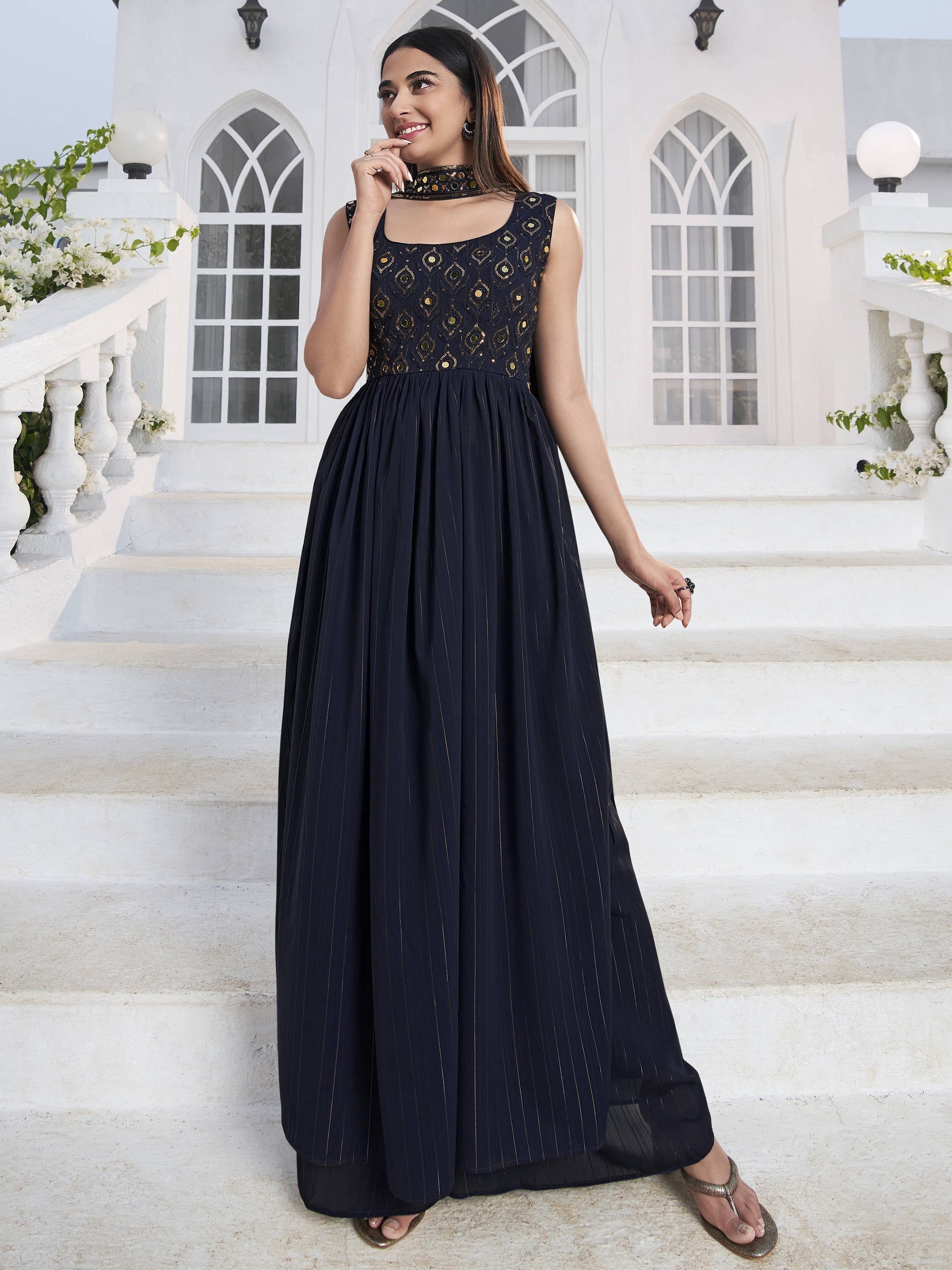 Fully-stitched palazzo suit in beautiful blue georgette fabric with delicate work