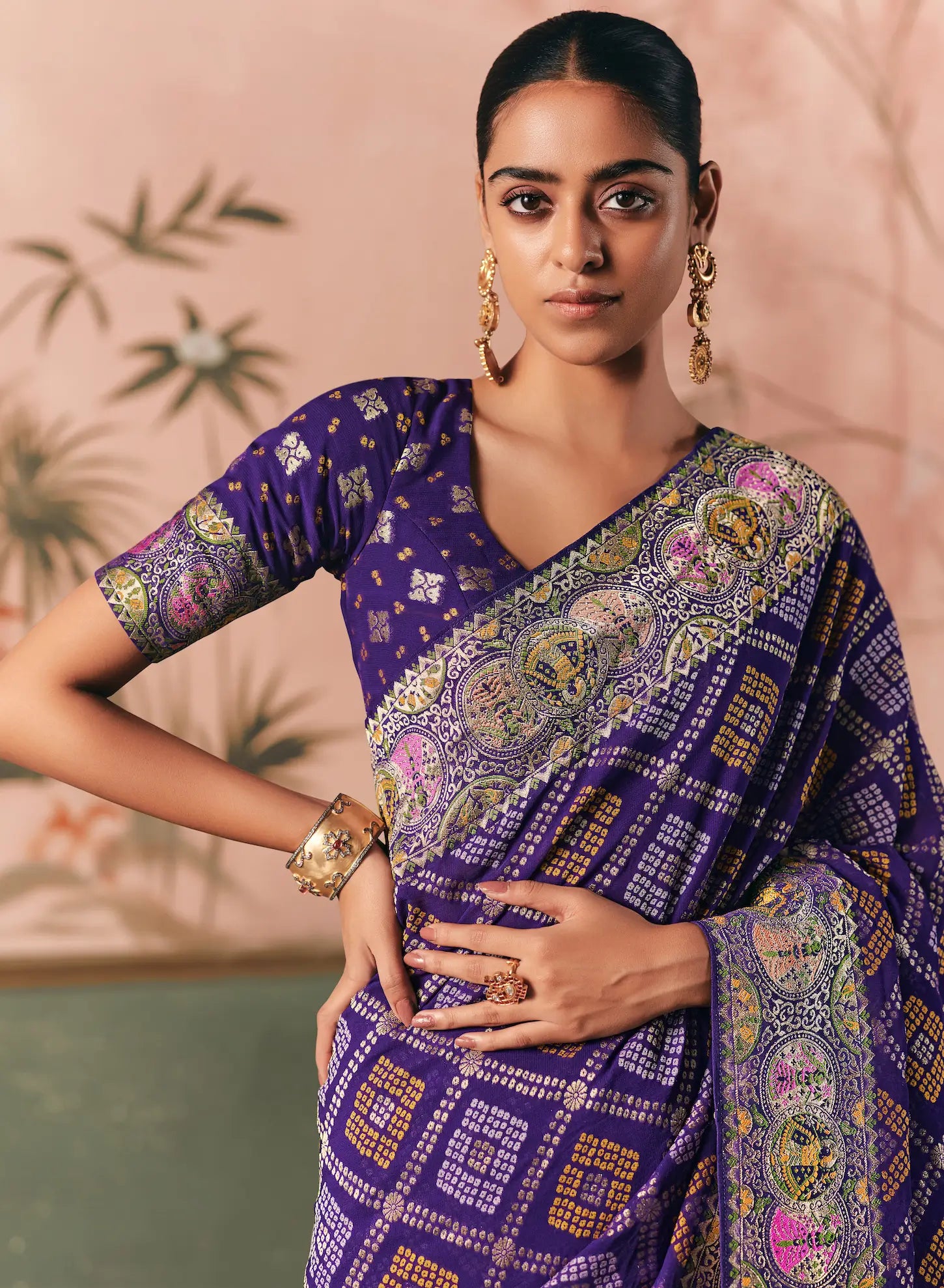 Bluish Purple Georgette Bandhej Weaving Saree