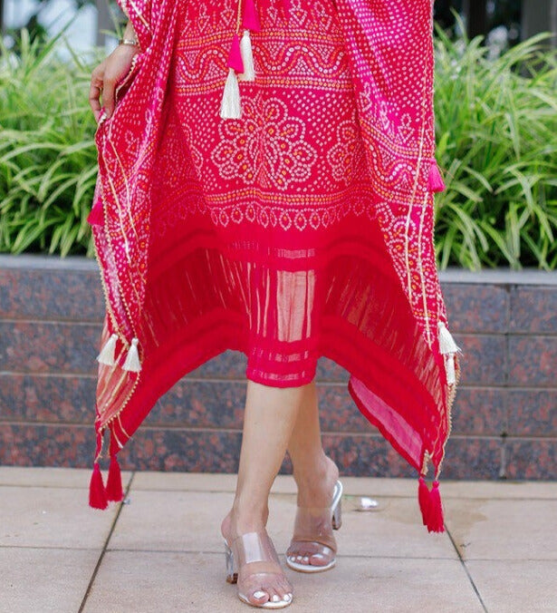 Pink Pure Gaji Silk Digital Print with Gotta Patti Lace Border also comes with tassels Kaftan Dress