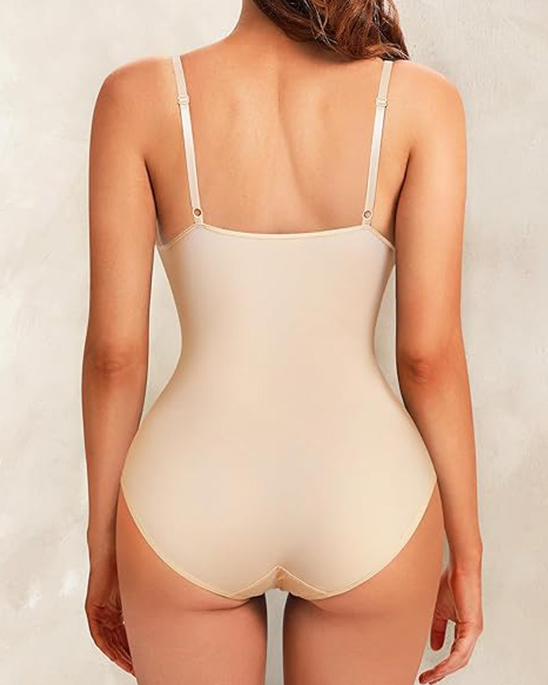 Deep V-Neck Smooth Tummy Control Bodysuits Shapewear with Built in Bra  - By Qivii