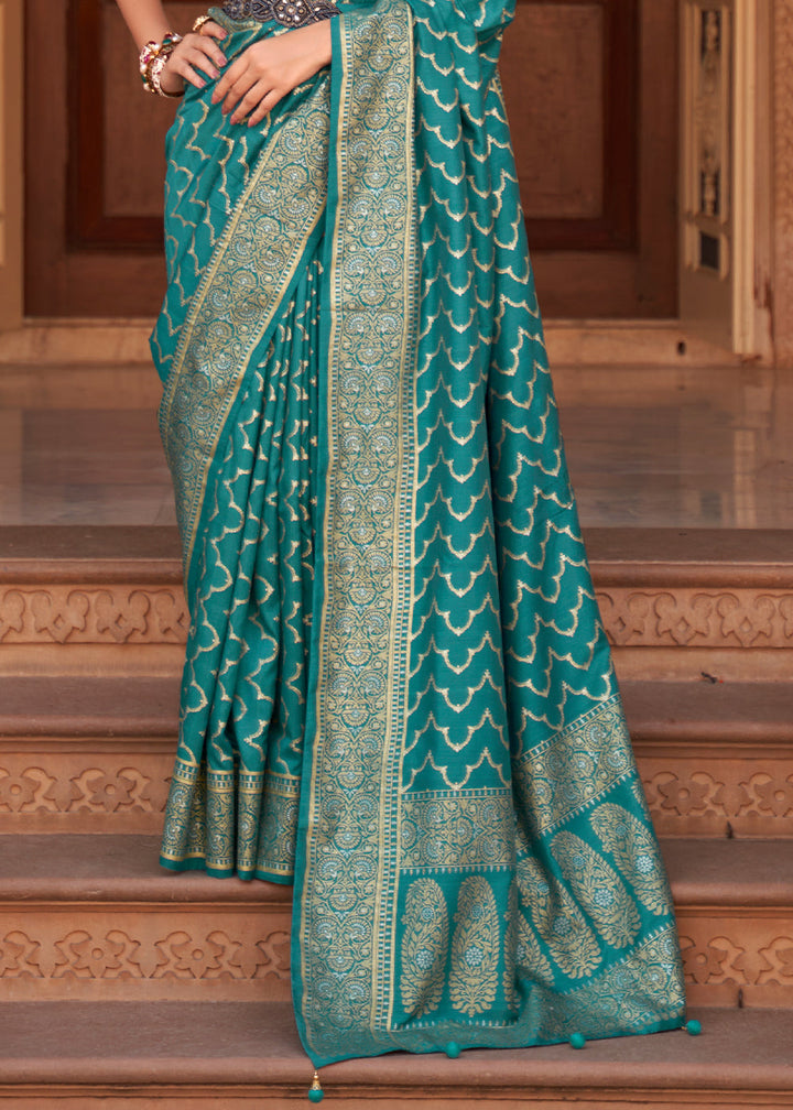 Bondi Teal Blue Zari Woven Soft Banarasi Silk Saree