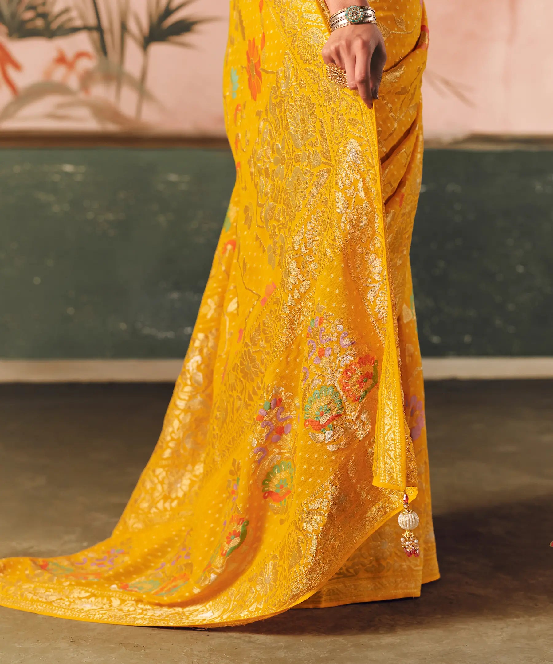 Bee Yellow Georgette Bandhej Weaving Saree