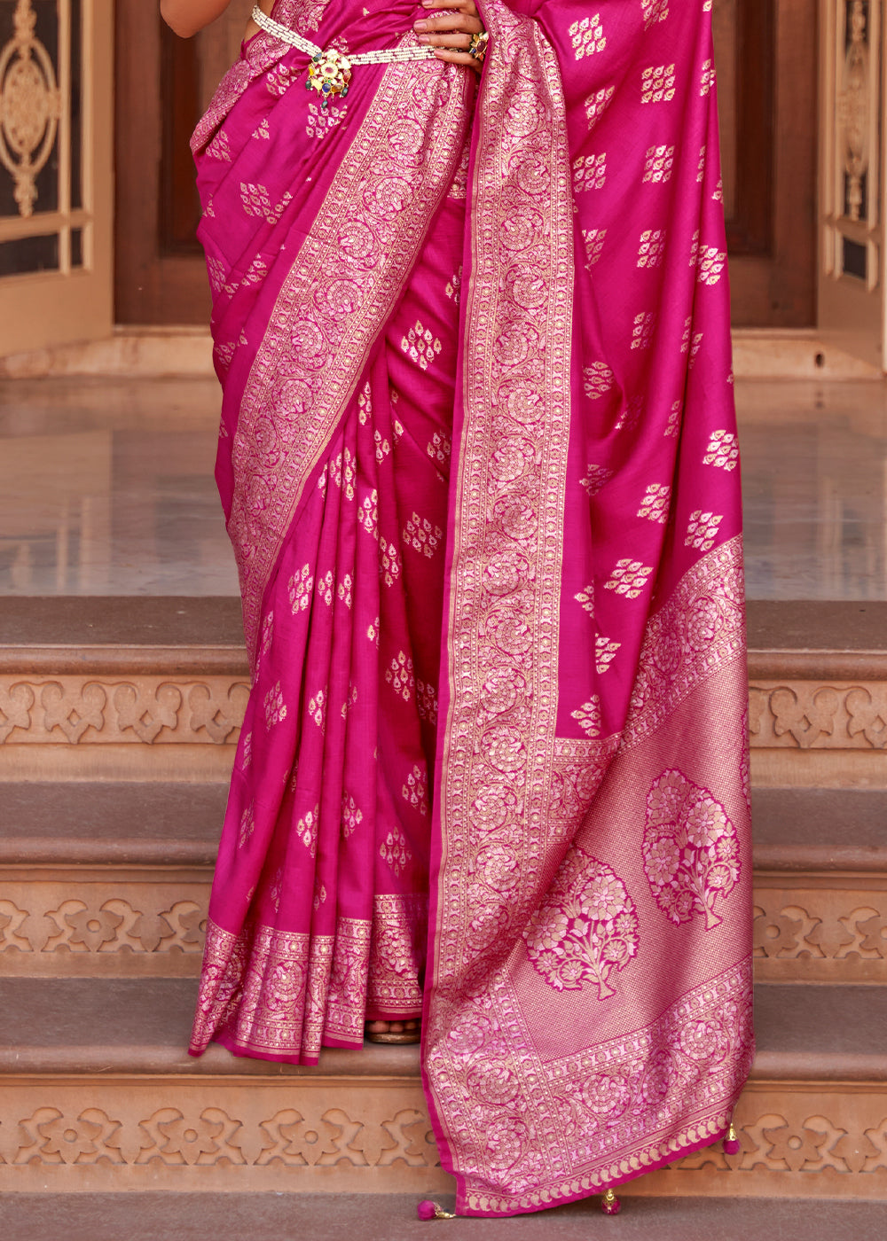 Rose Pink Zari Woven Soft Banarasi Silk Saree - qivii