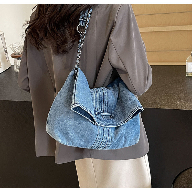 Women's Vintage Denim Tote Bag with Chain Strap – Structured Large-Capacity Crossbody & Shoulder Bag