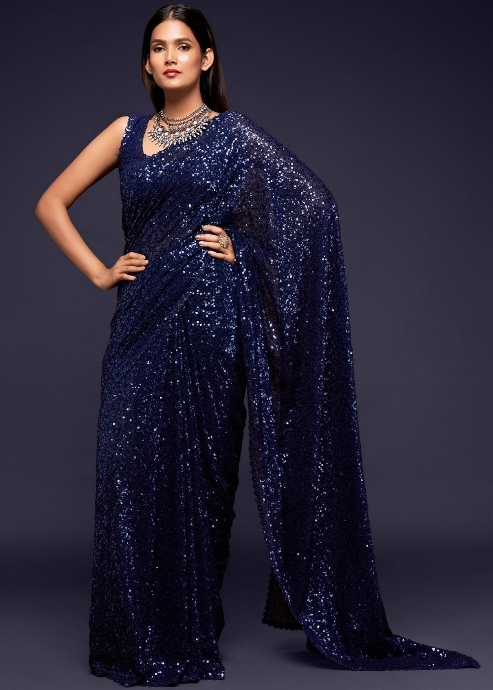 Gorgeous Berry Blue Sequins & Thread Embroidered Designer Georgette Saree featuring intricate sequin and thread work on georgette fabric