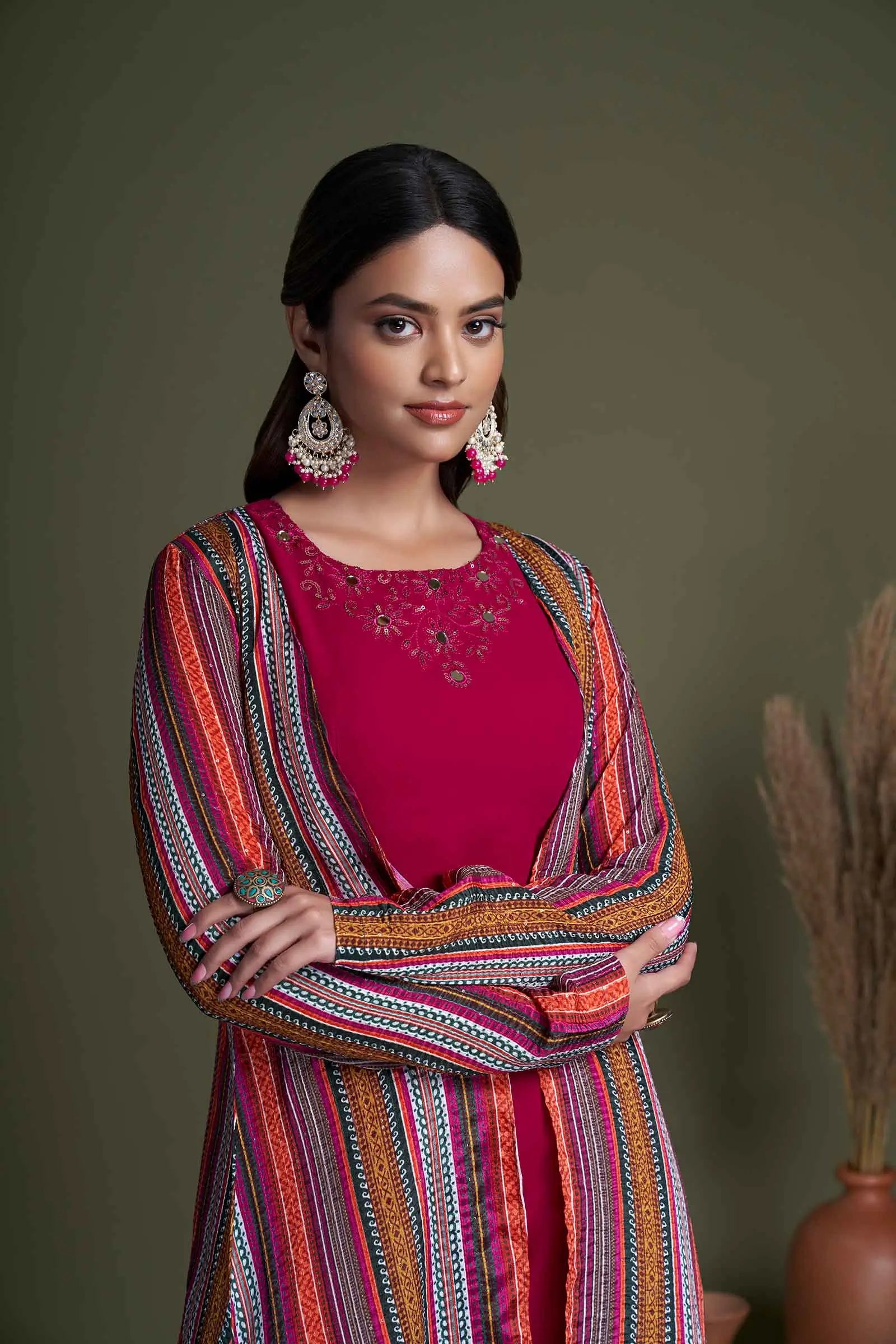 Rani Pink Georgette Embroidery Work Co-ord Set