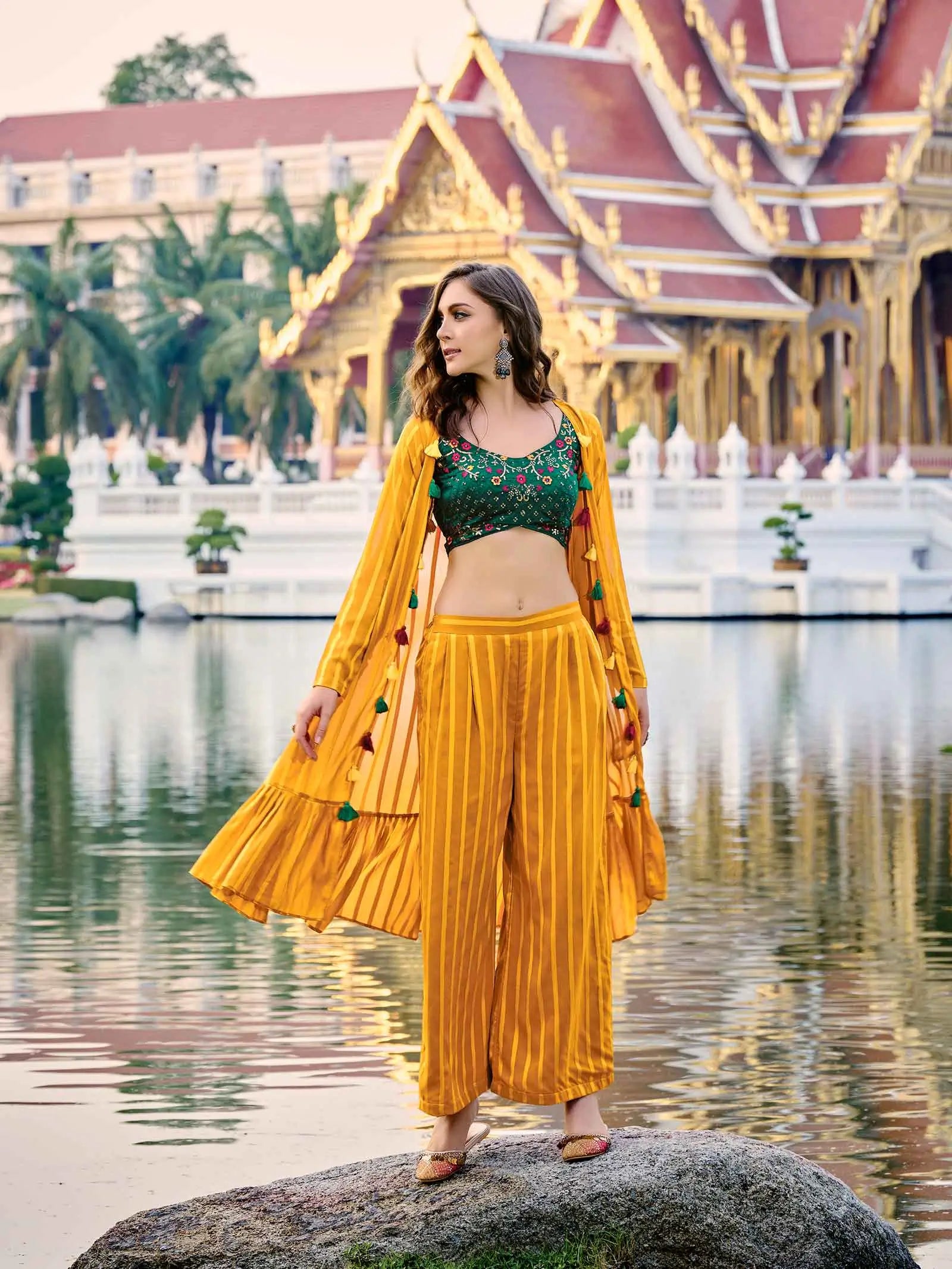 Green Yellow Georgette Embroidery Work Co-ord Set
