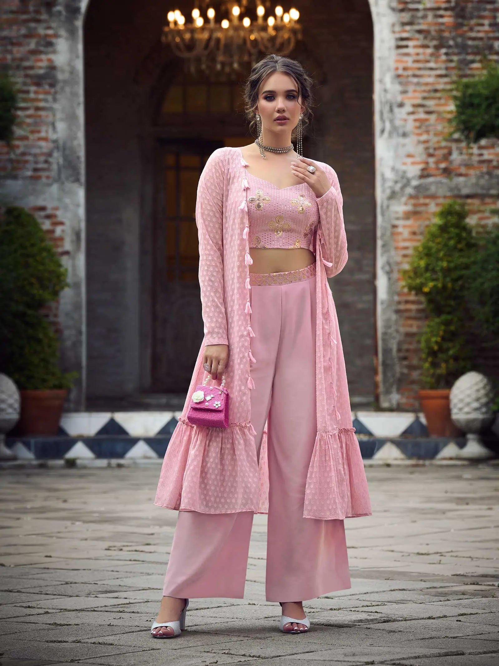 Dusty Pink Georgette Embroidery Work Co-ord Set