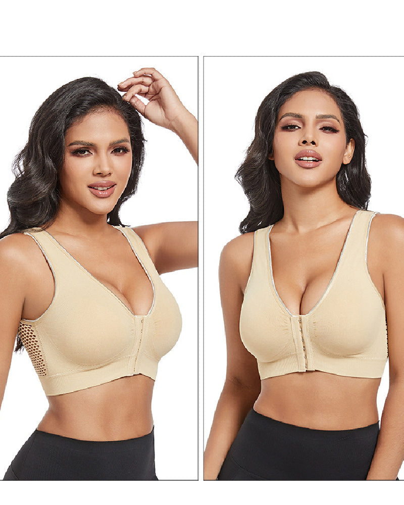 Women's Plus Size Front Buckle Solid Hollow Breathable Wireless Sports Bra  - By Qivii