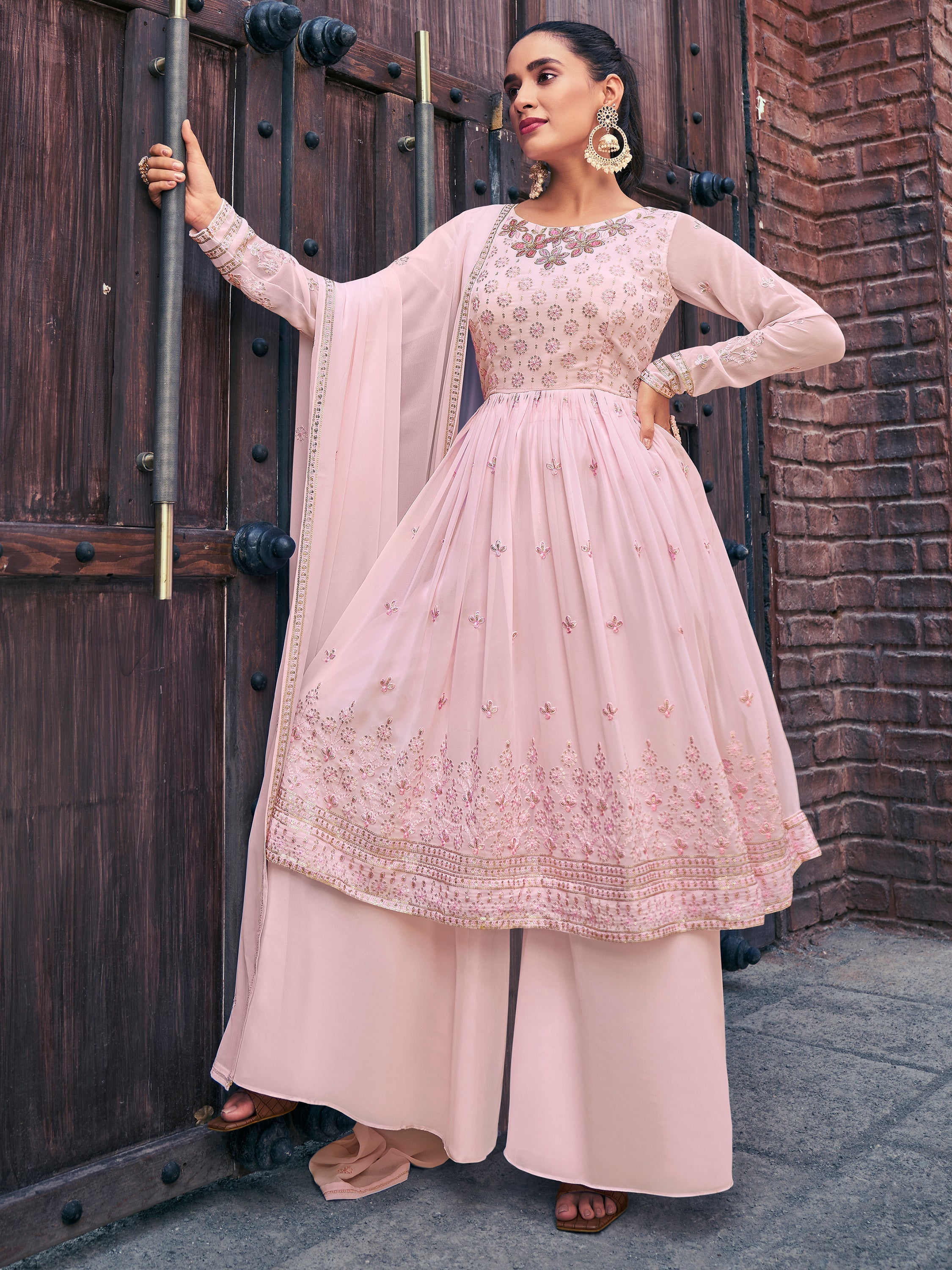 Pretty Baby Pink Embroidered Georgette Readymade Palazzo Suit for Women