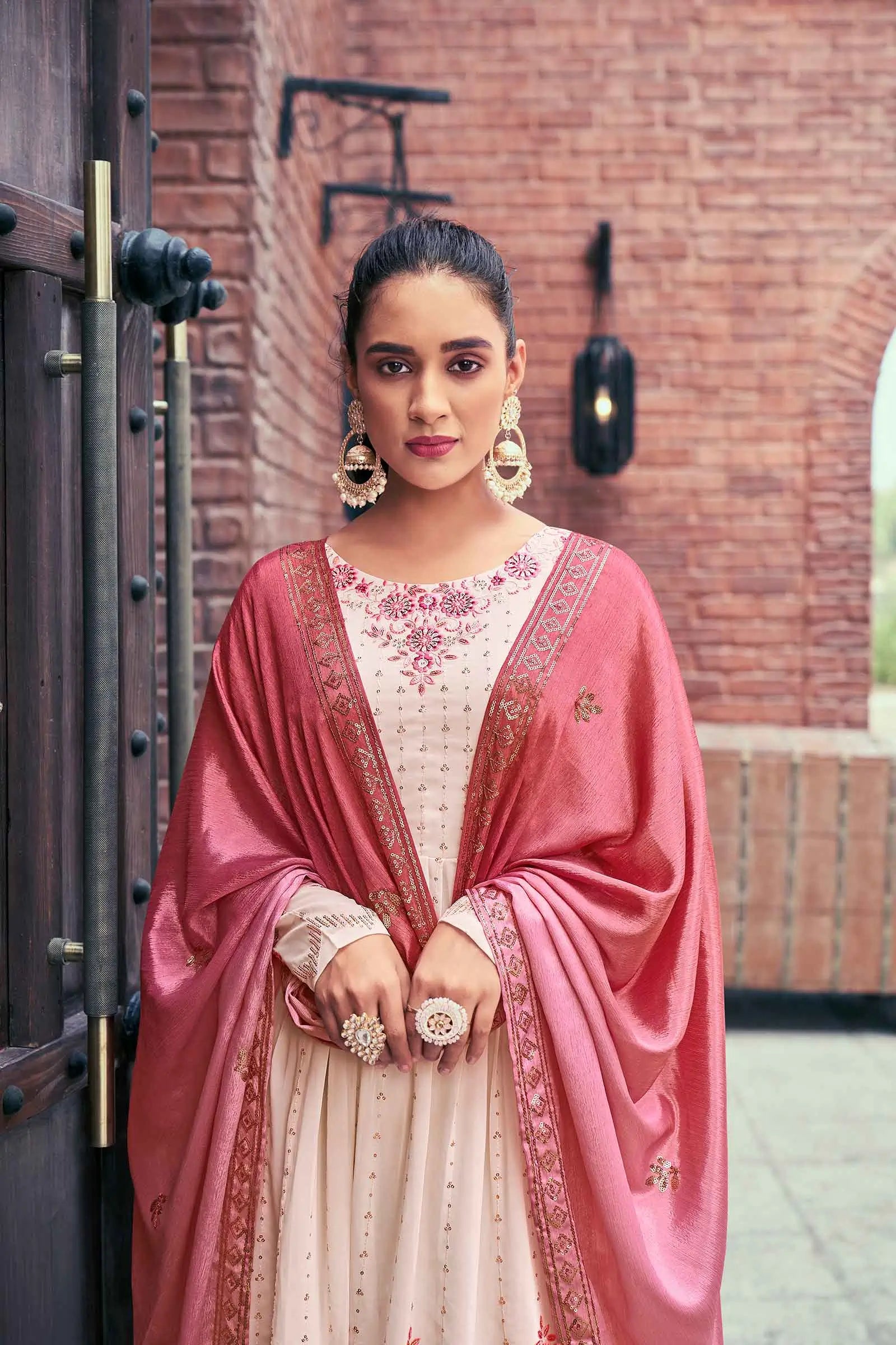 Chiku Pink  Georgette Palazzo Salwar Suit With Thread And Sequins Embroidered Work - qivii