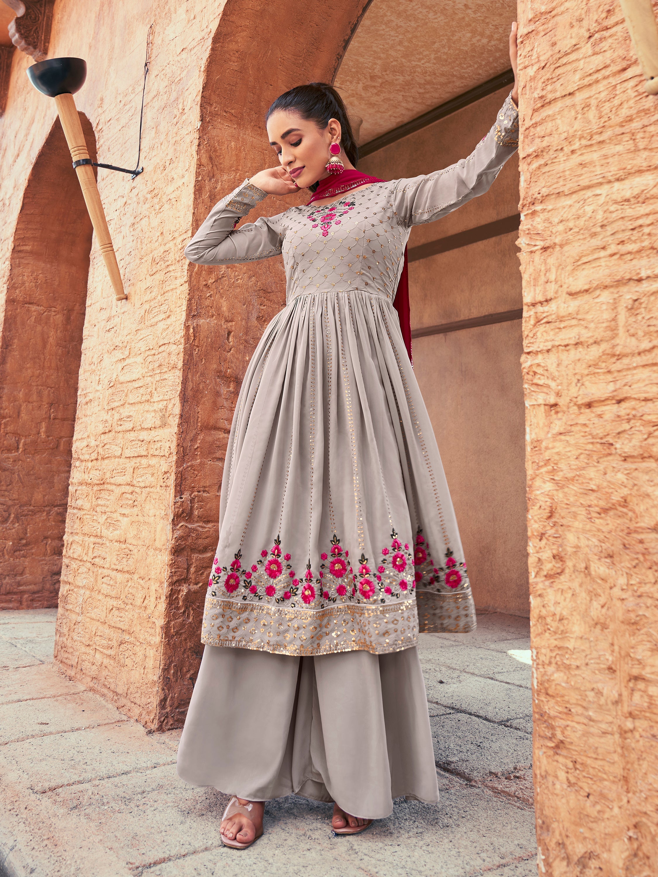  Grey georgette palazzo suit with rani pink lehenga and dazzling dupatta