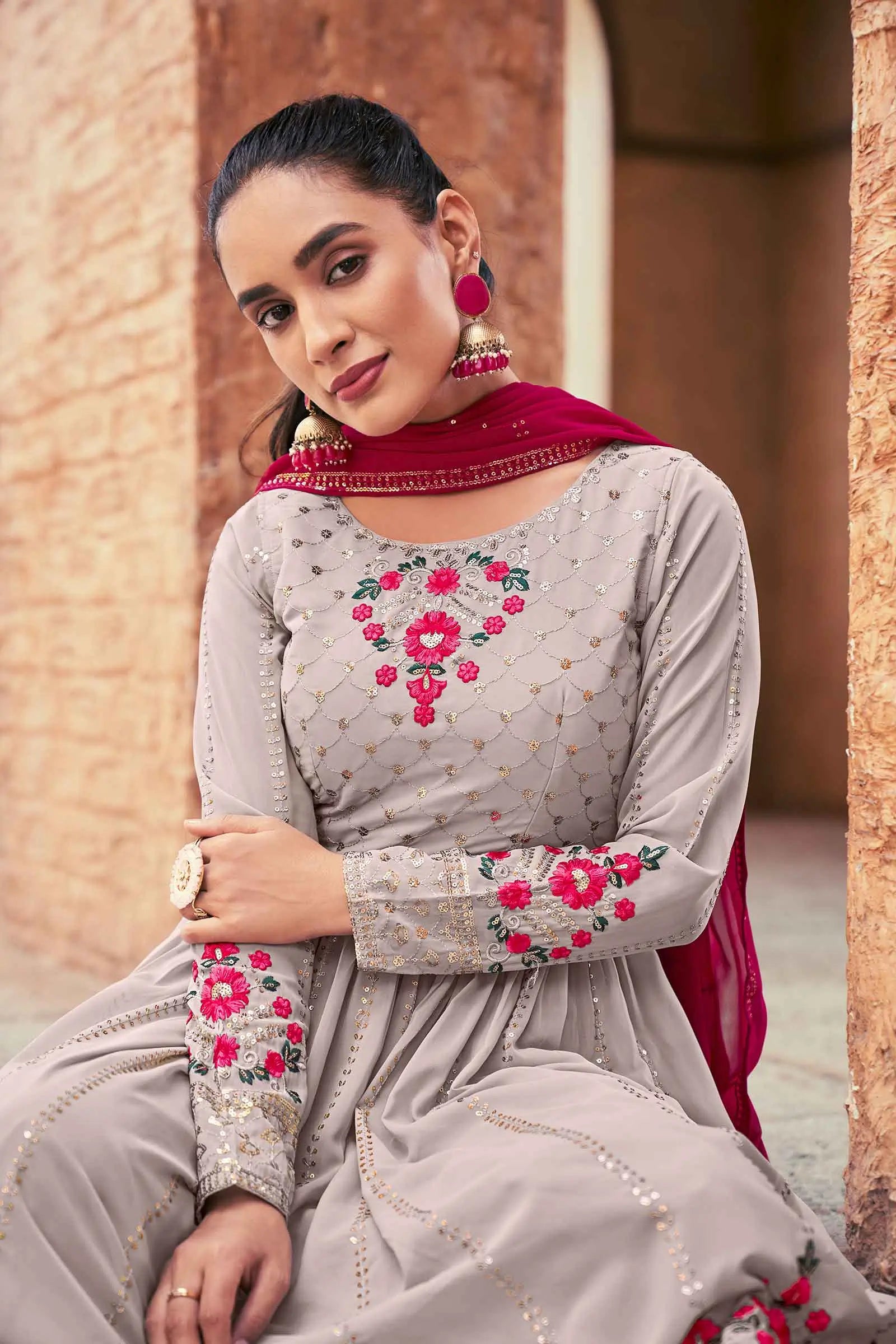 Grey Pink  Georgette Palazzo Salwar Suit With Thread And Sequins Embroidered Work - qivii