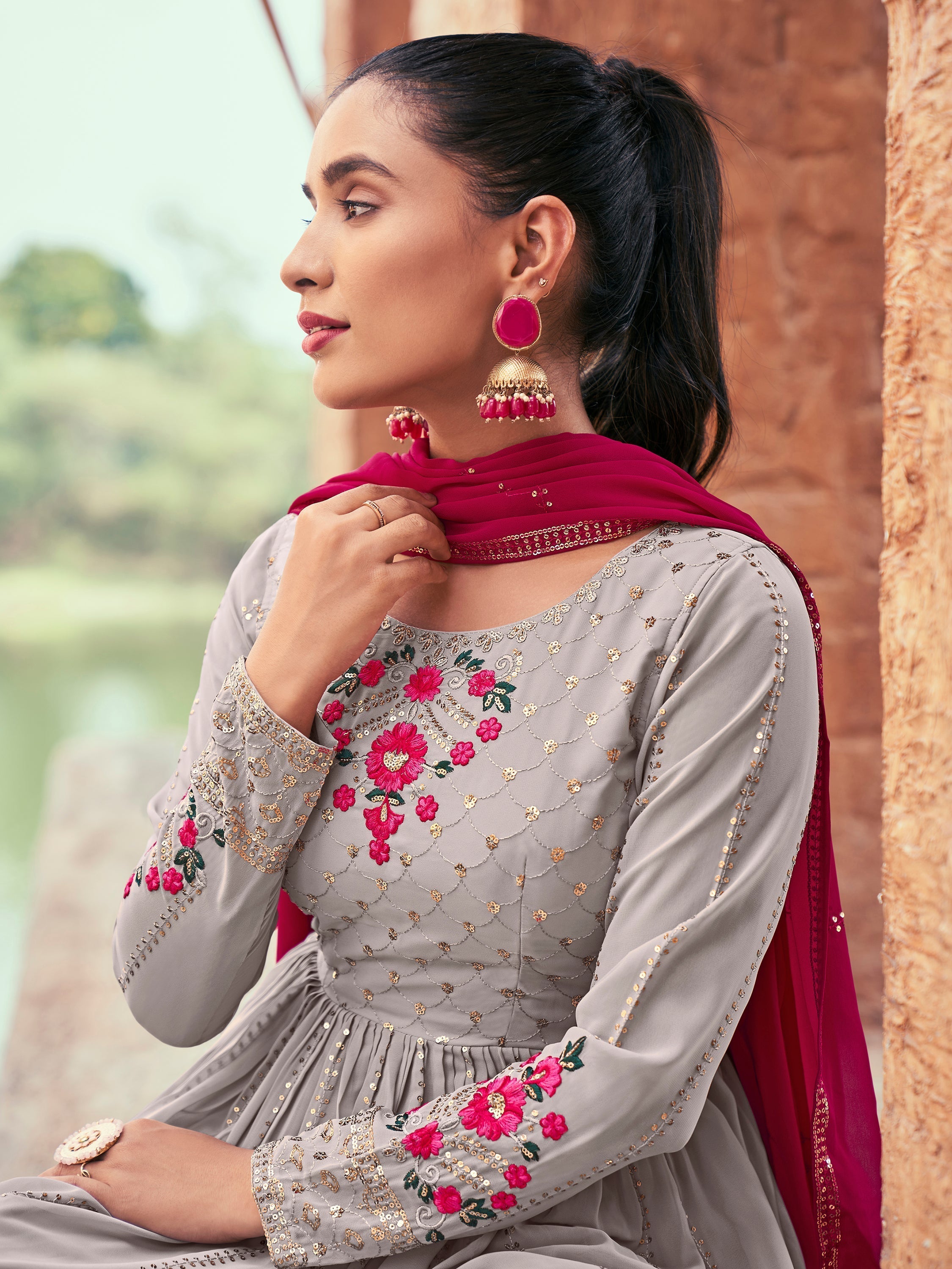  Attractive grey embroidered georgette palazzo suit for festivals and occasions