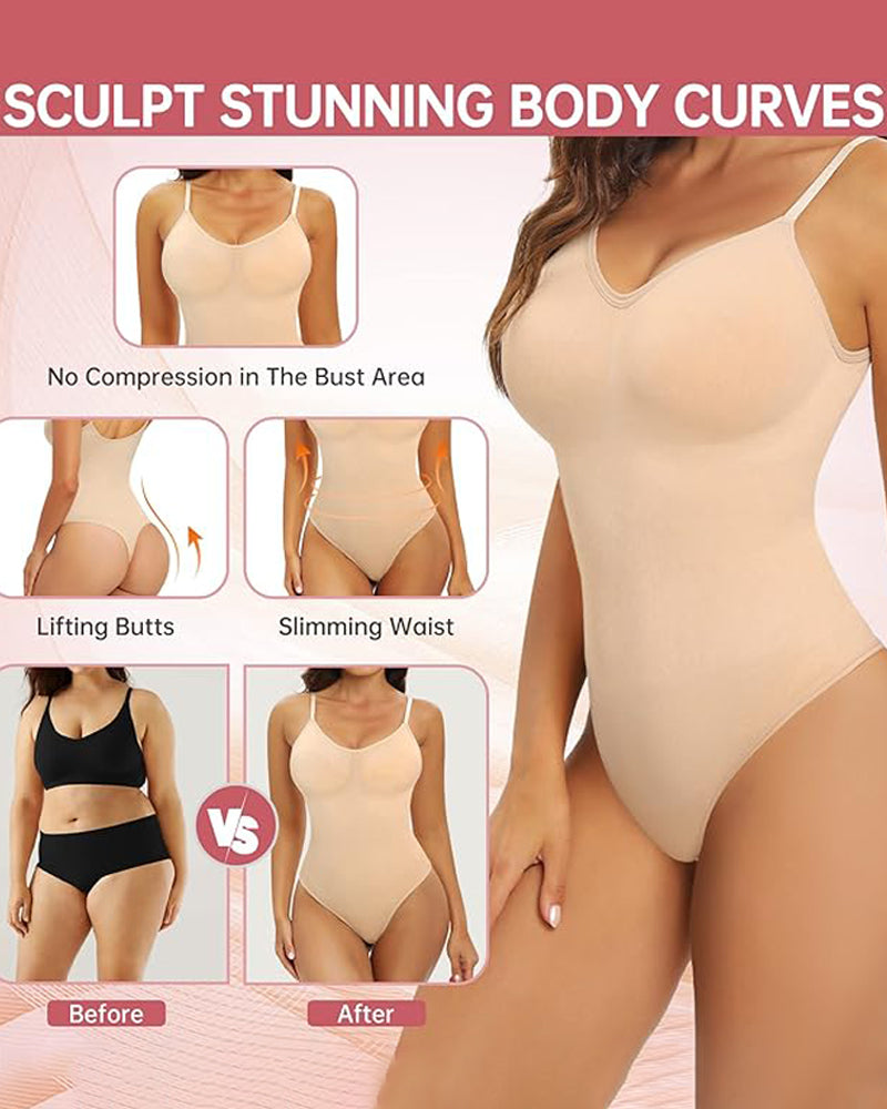 Seamless Round Neck Tummy Control Thong Tank Top Body Shaper Bodysuits  - By Qivii