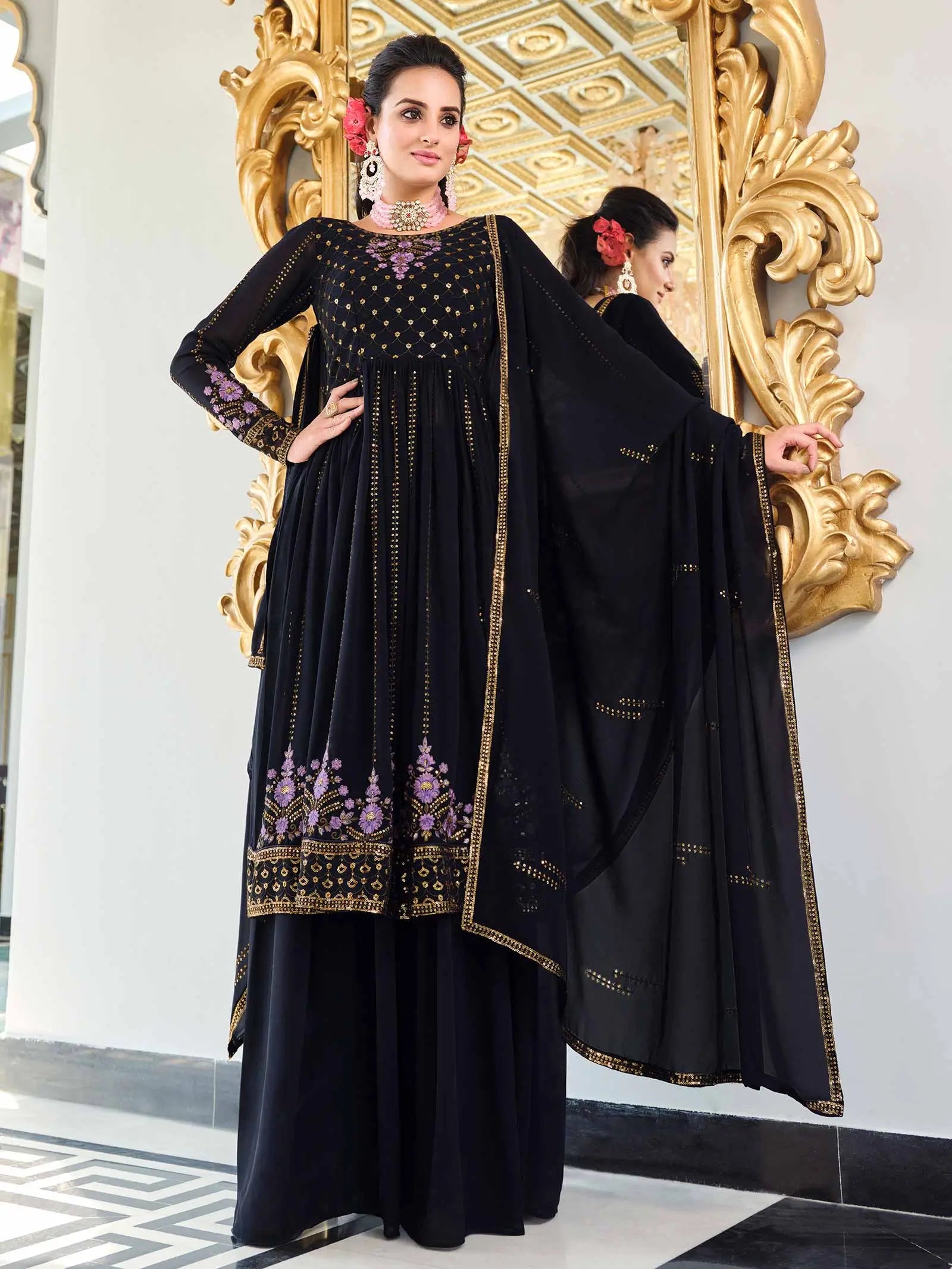 Dark Blue  Georgette Palazzo Salwar Suit With Thread And Sequins Embroidered Work - qivii
