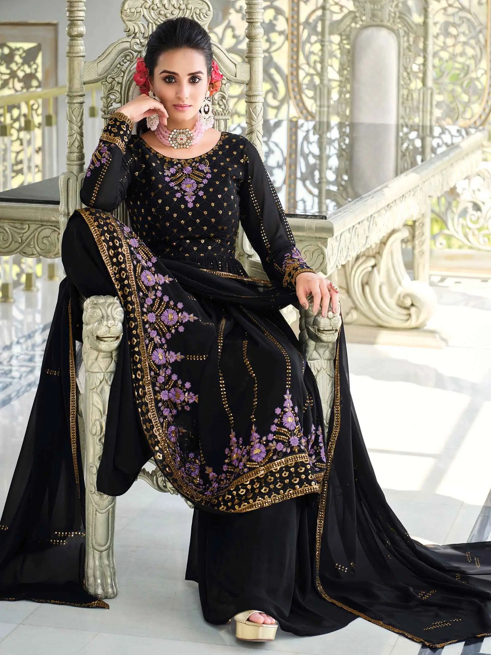 Dark Blue  Georgette Palazzo Salwar Suit With Thread And Sequins Embroidered Work - qivii
