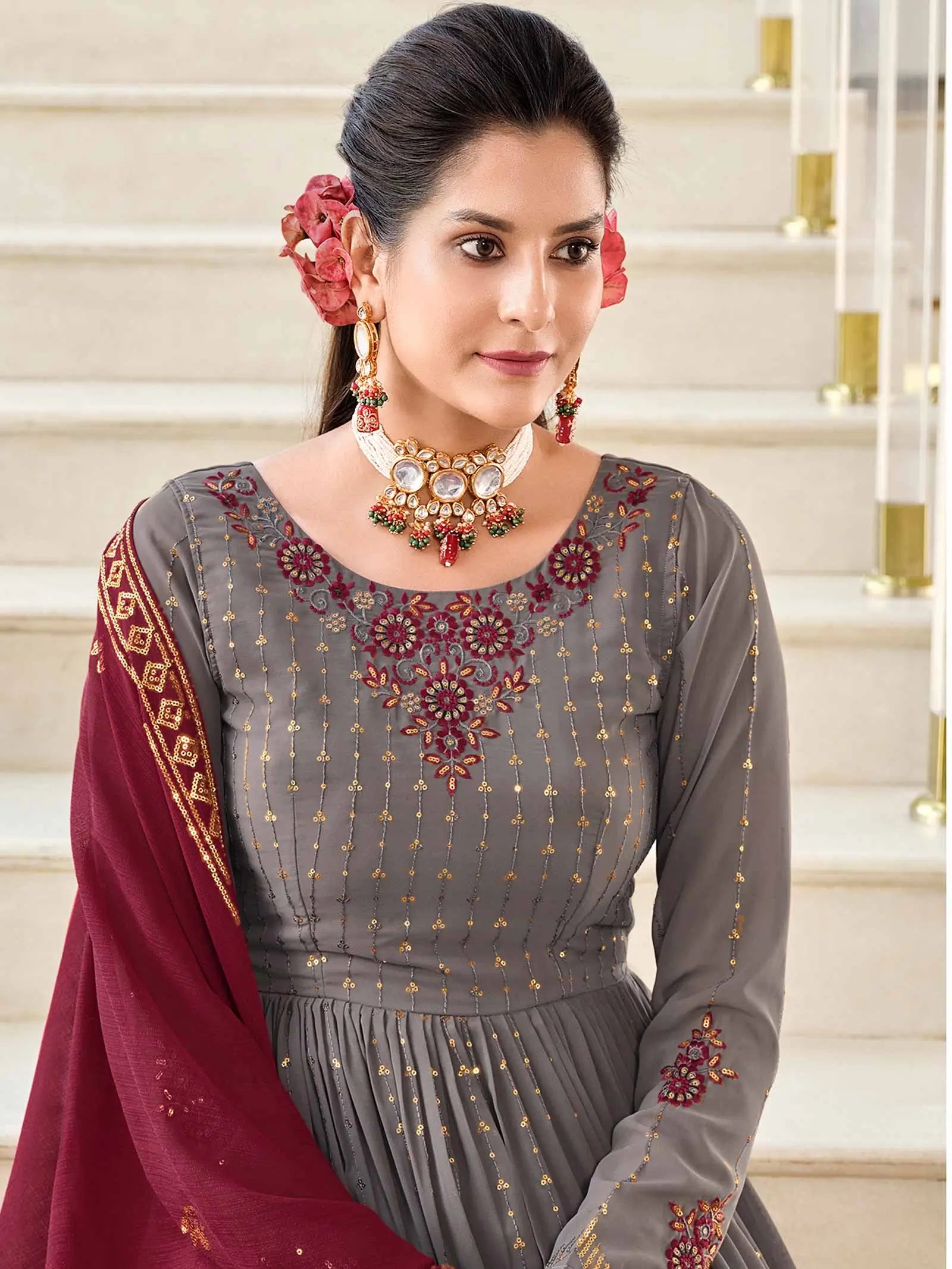 Grey  Georgette Palazzo Salwar Suit With Thread And Sequins Embroidered Work - qivii