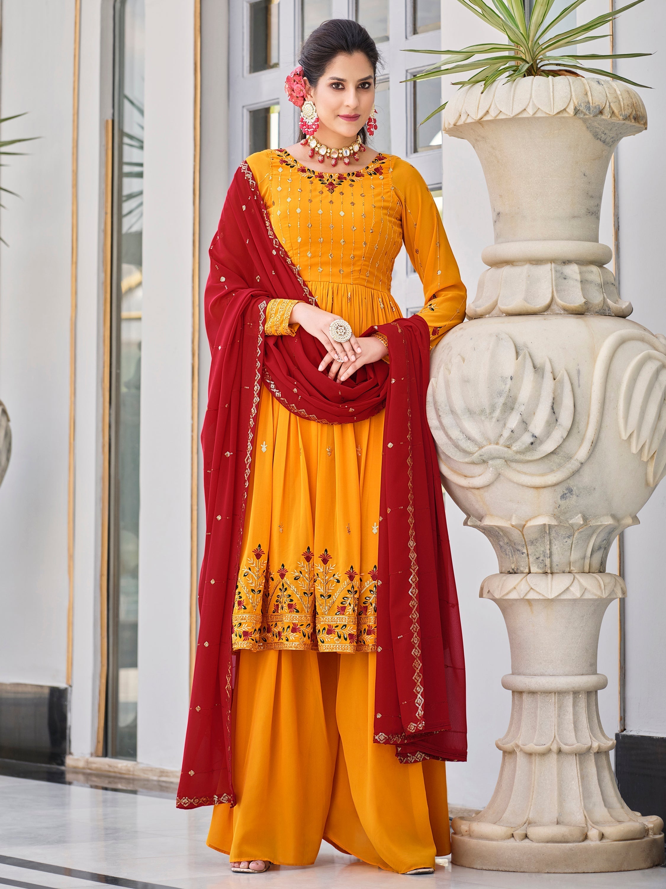 Mustard palazzo in georgette material, offering a comfortable and stylish fit