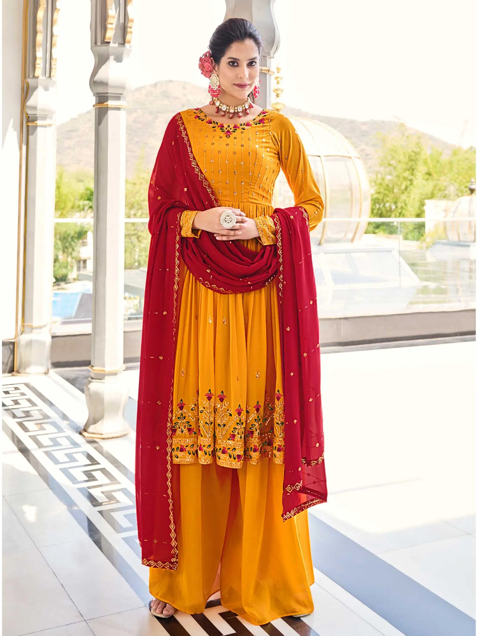 Mustard Yellow  Georgette Palazzo Salwar Suit With Thread And Sequins Embroidered Work - qivii