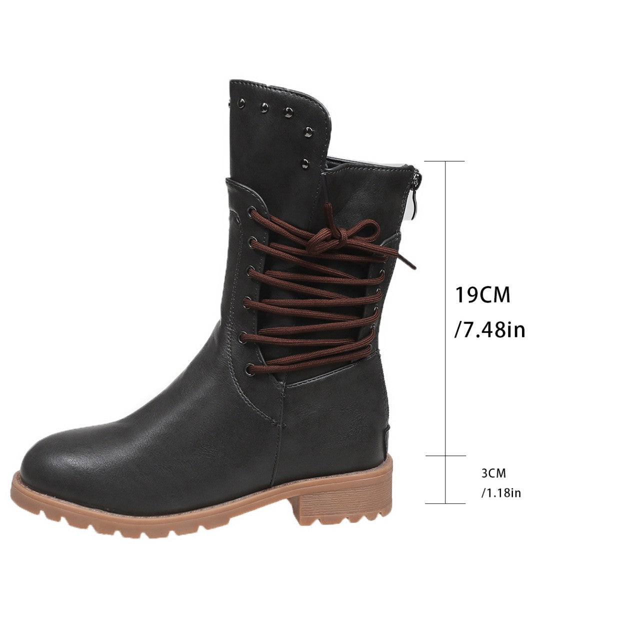Women's Rivet Roma Boots - Side Lace Chunky Heel Mid Calf Boots (US 4-10.5)