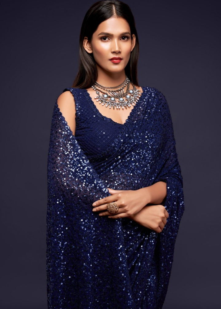 Berry Blue Sequins & Thread Embroidered Designer Georgette Saree