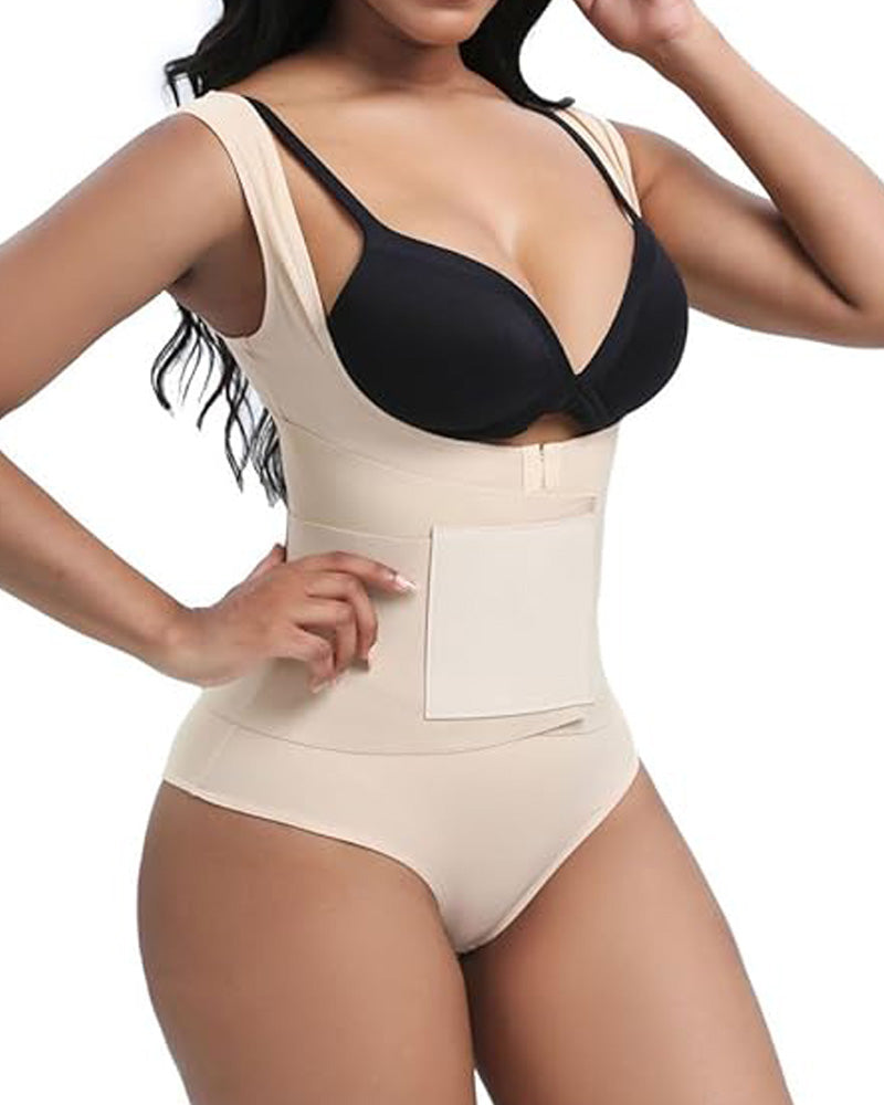 Women Low Back Tummy Control Thong Bodysuit Shapewear with Reinforced belt  - By Qivii