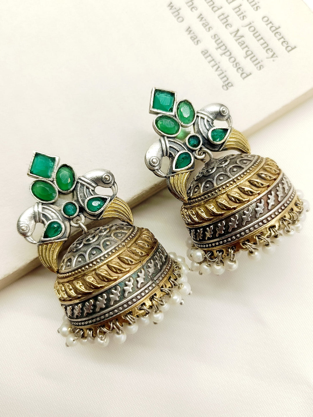 Taman Green Peacock Oxidized Jhumki