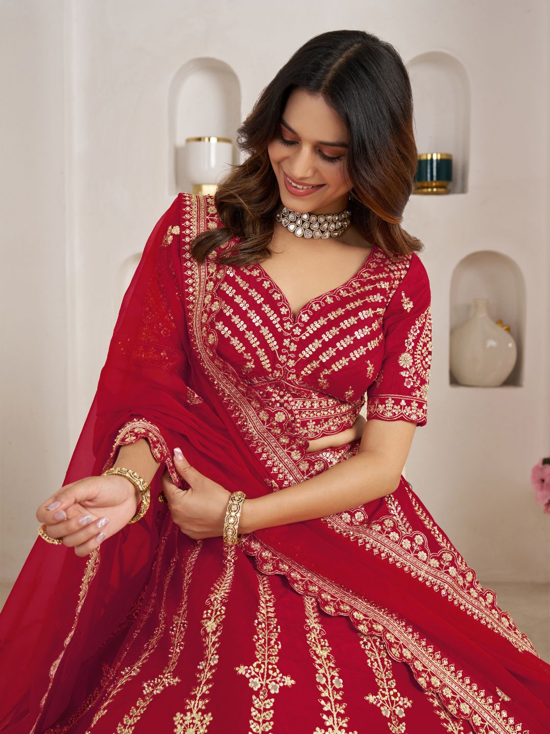Red Wedding Lehenga Adorned with Floral Zari Embroidery