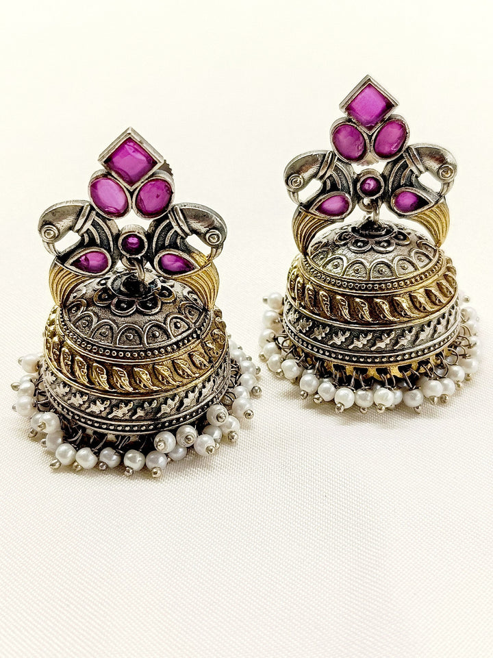 Eka Ruby Peacock Oxidized Jhumki