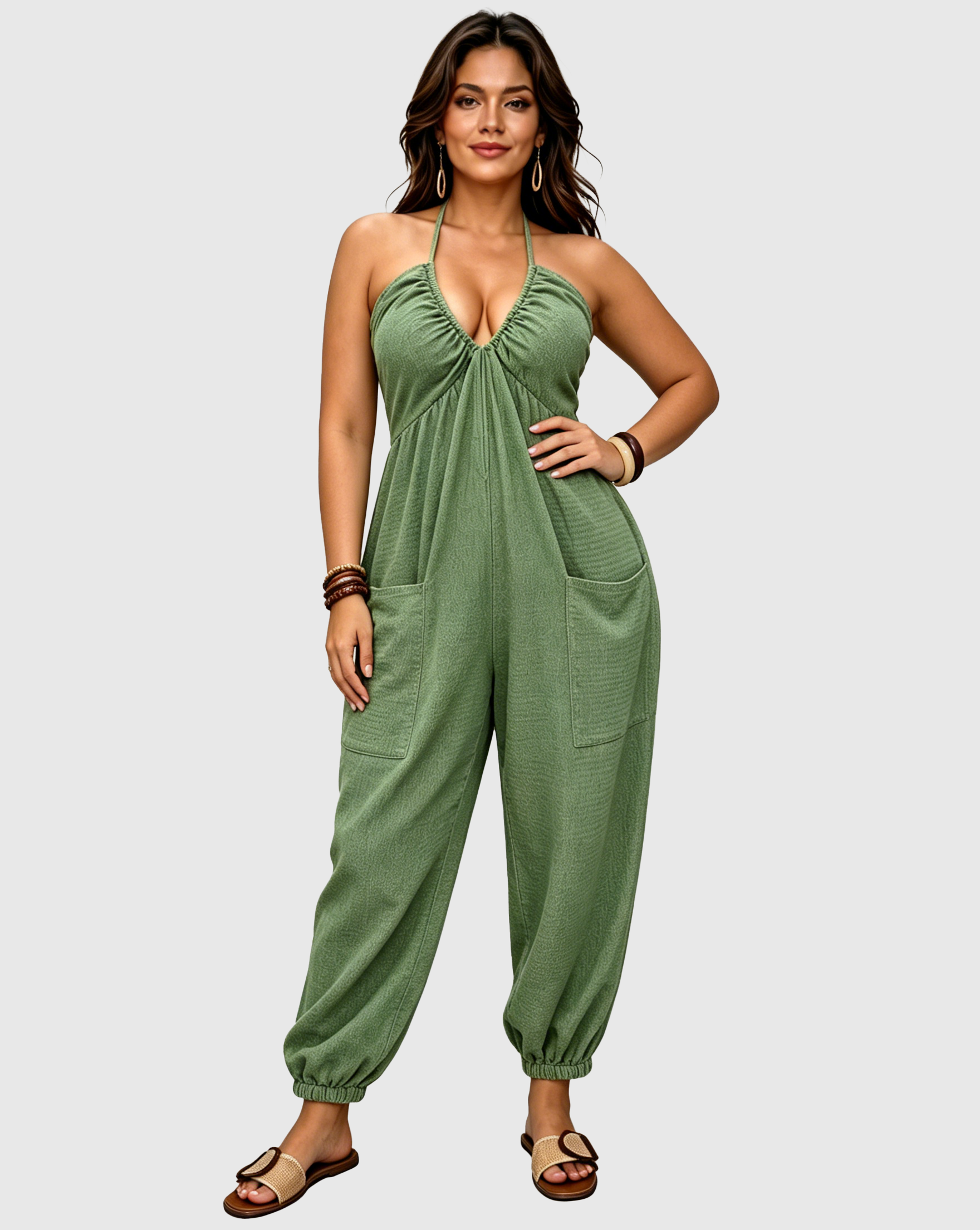 Halter Backless Ruched Pocket Jogger Jumpsuit  - By Qivii