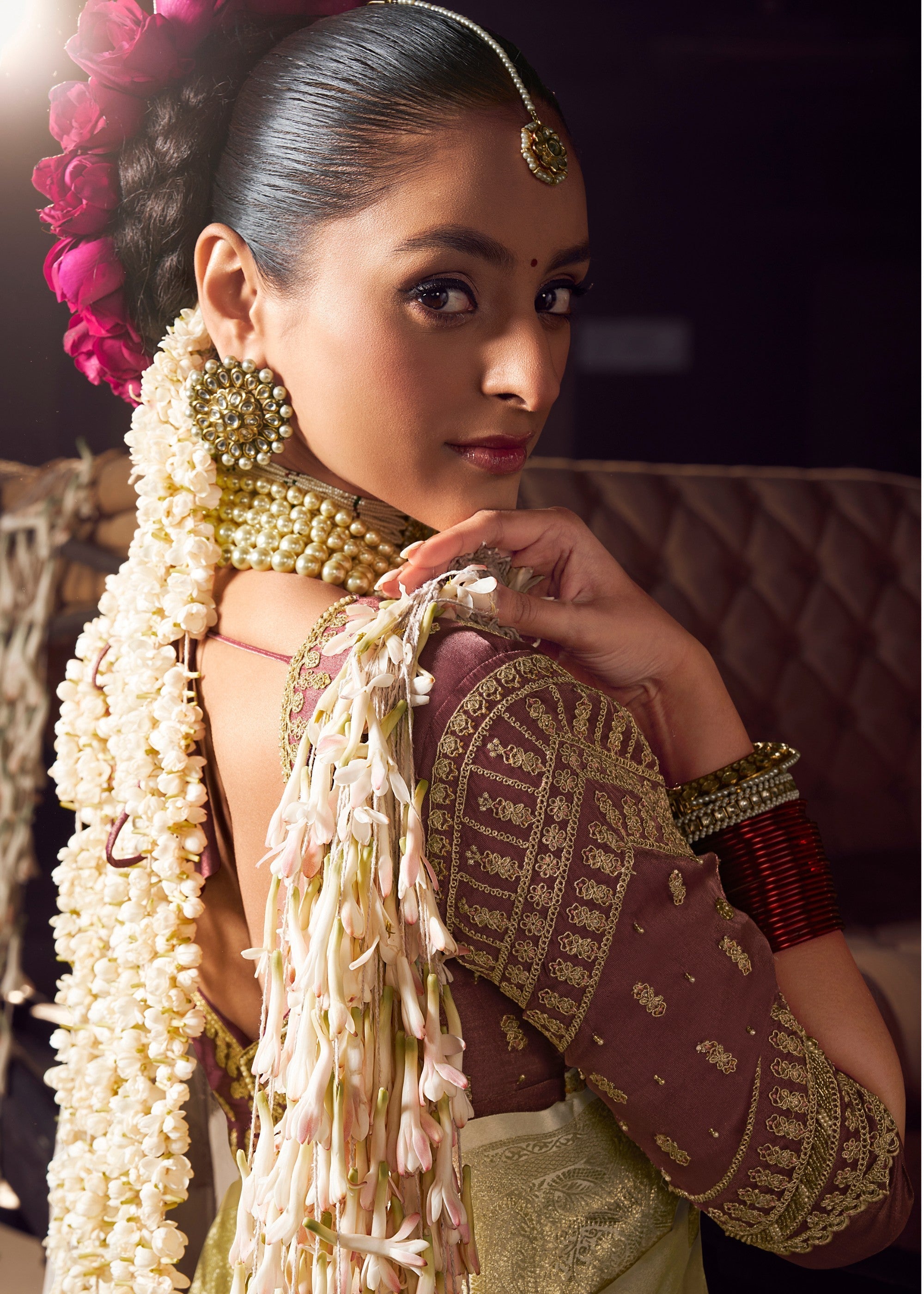 Pearl White Viscose Tissue Silk Saree with Handworked Pallu And Contrast Designer Blouse - qivii