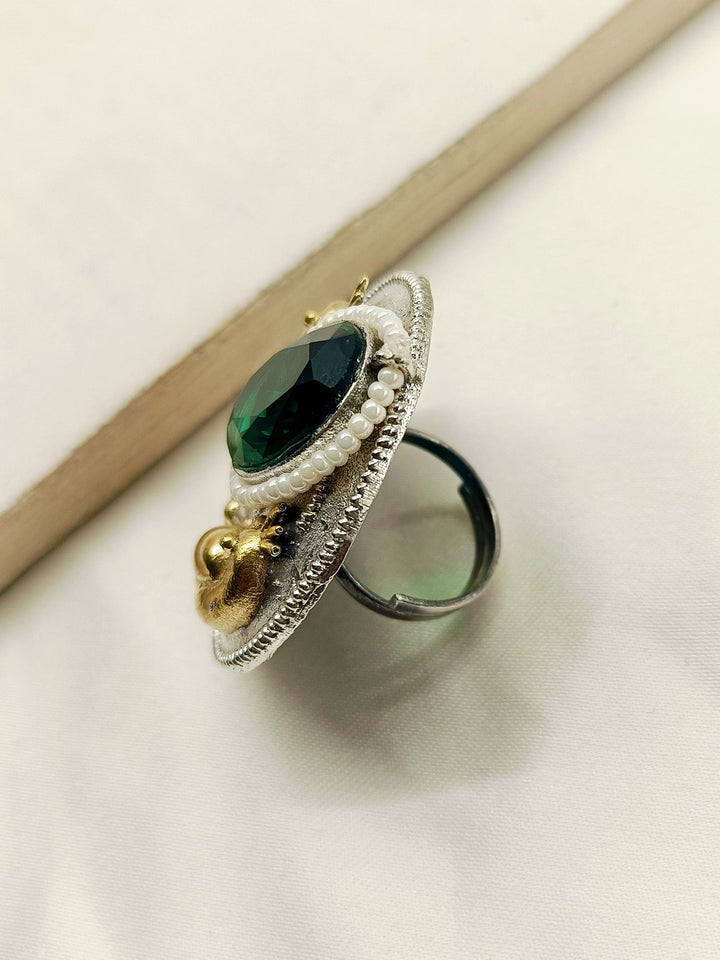 Ruhani Green Peacock Oxidized Finger Ring