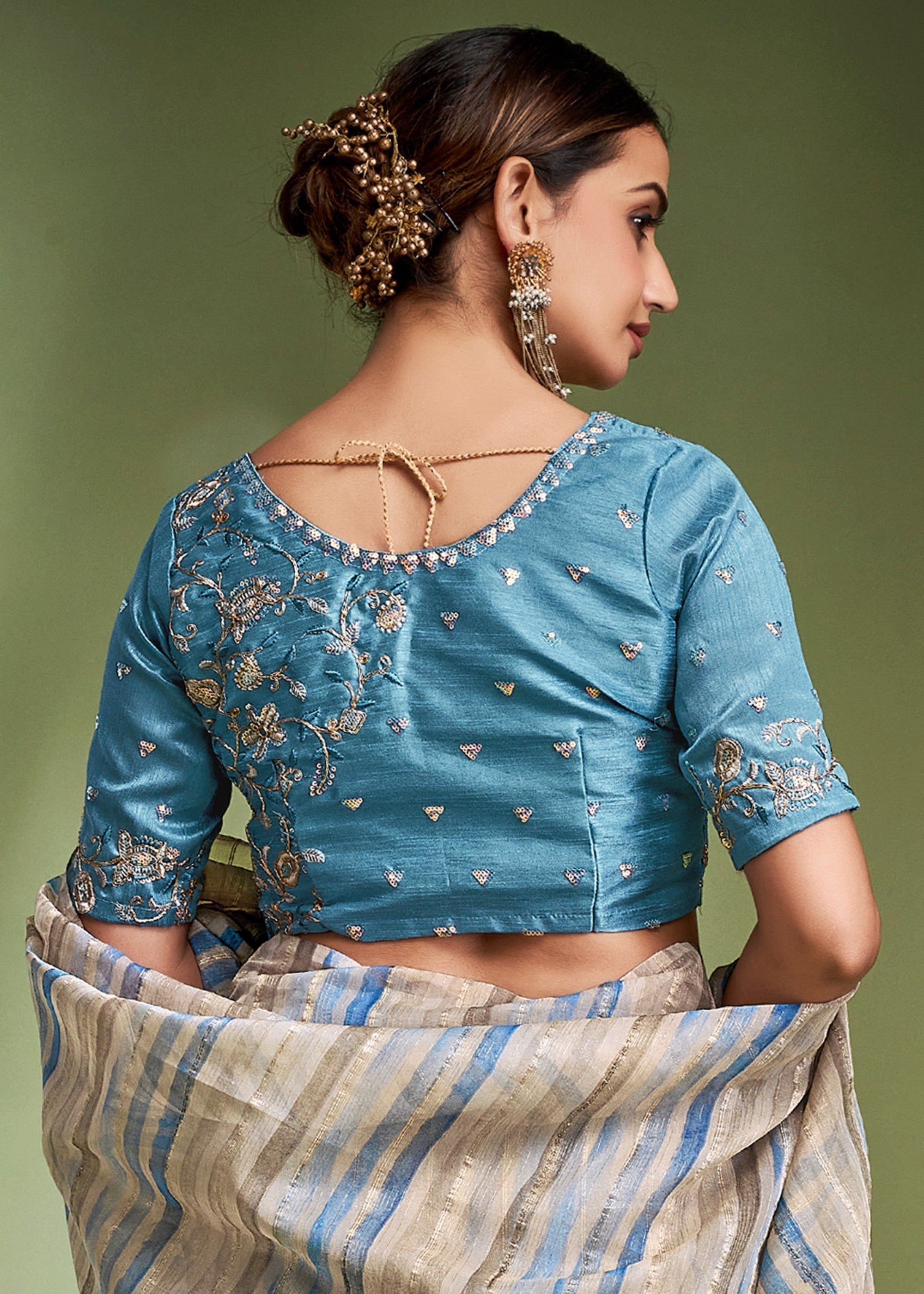 Aqua Blue Tissue Based Fancy Silk Saree With Designer Blouse - qivii