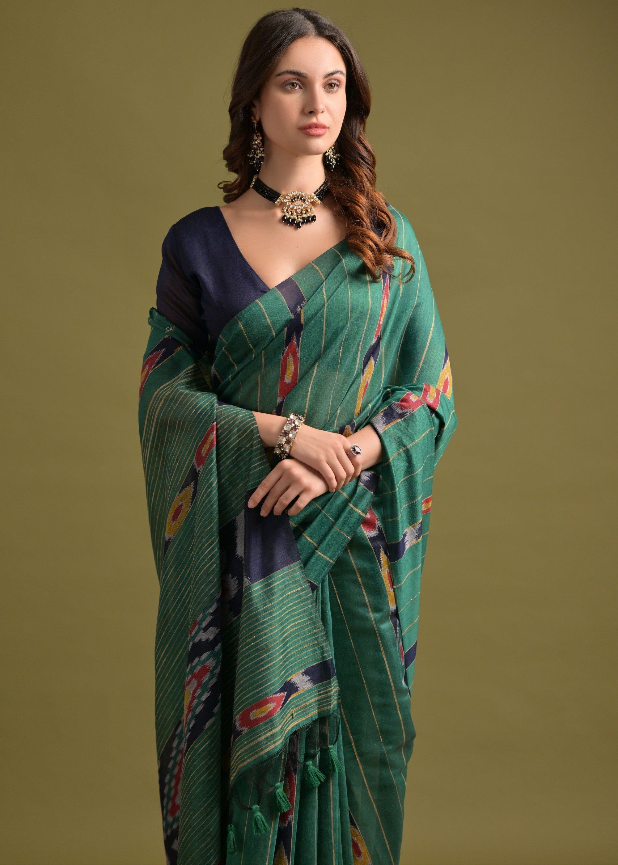 Jade Green Soft Ikkat Cotton Printed Saree - qivii