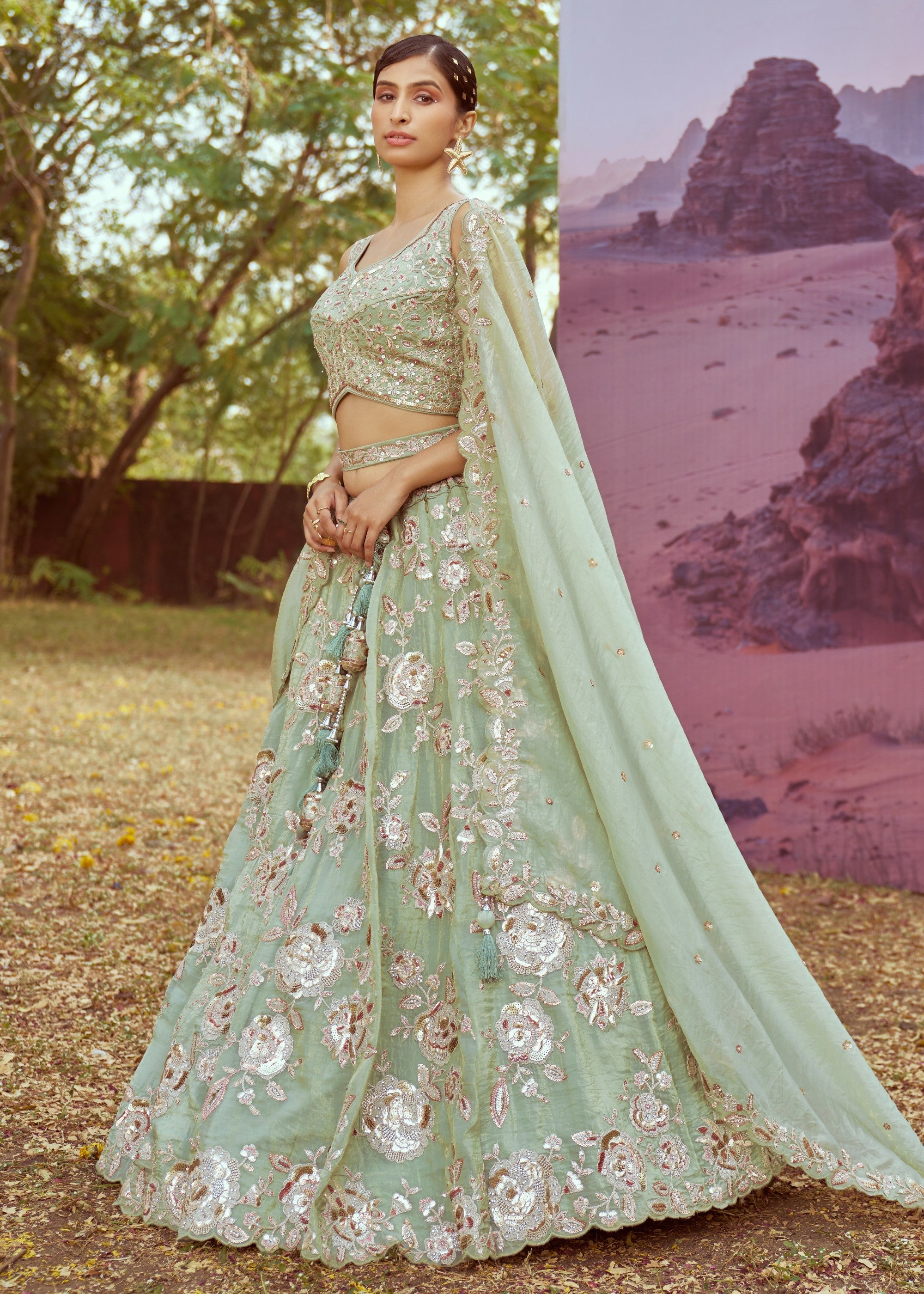 Lime Green Organza Sequins embroidery Lehenga | Ready To Wear - qivii