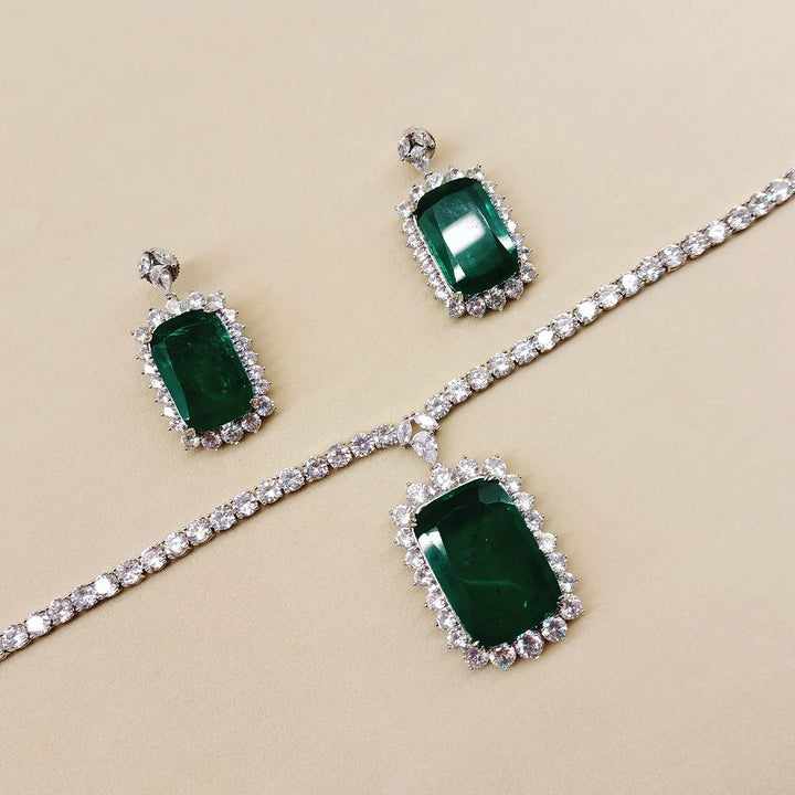 Natasha Emerald American Diamond Pendant Set With Diamond String