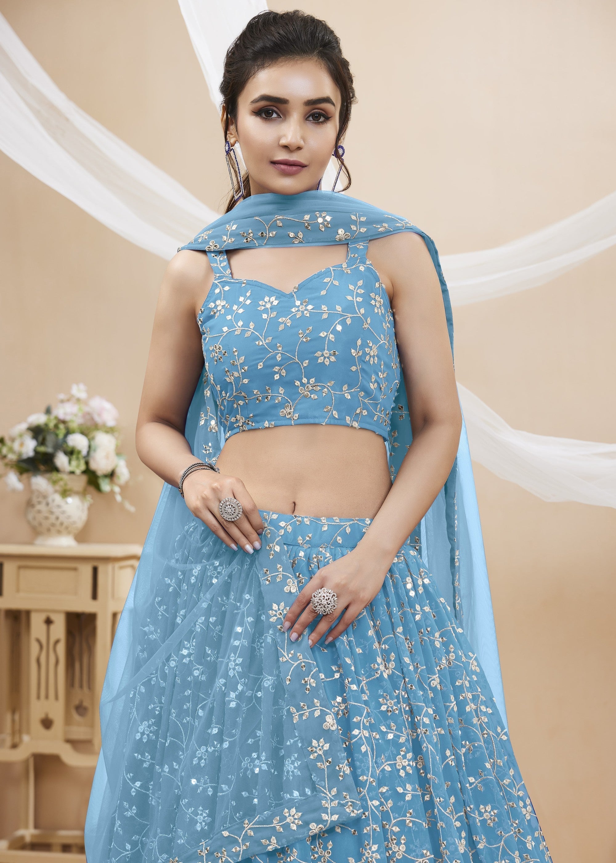 Sky Blue Georgette Lehenga Choli With Sequins Zari Embroidered Work | Ready To Wear - qivii