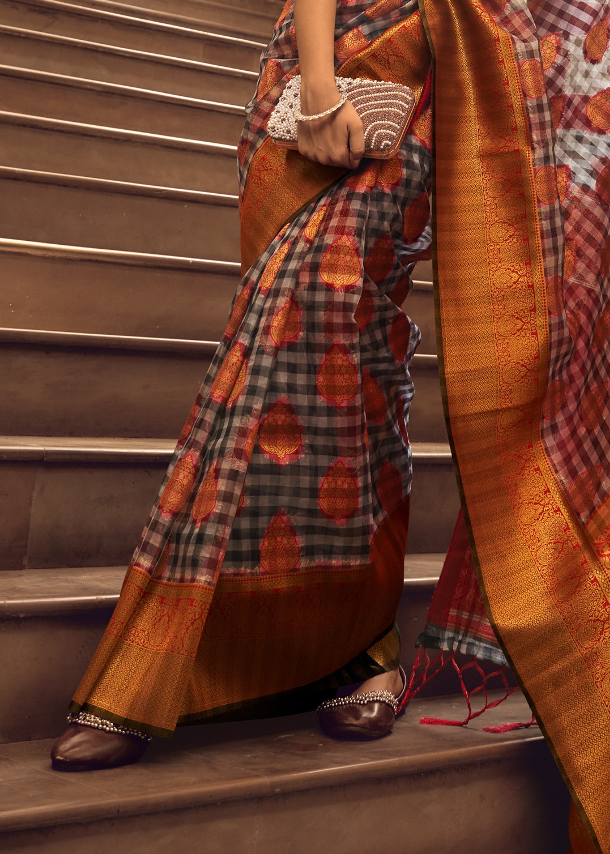 Orange Check Handloom Weaving Silk Saree - qivii