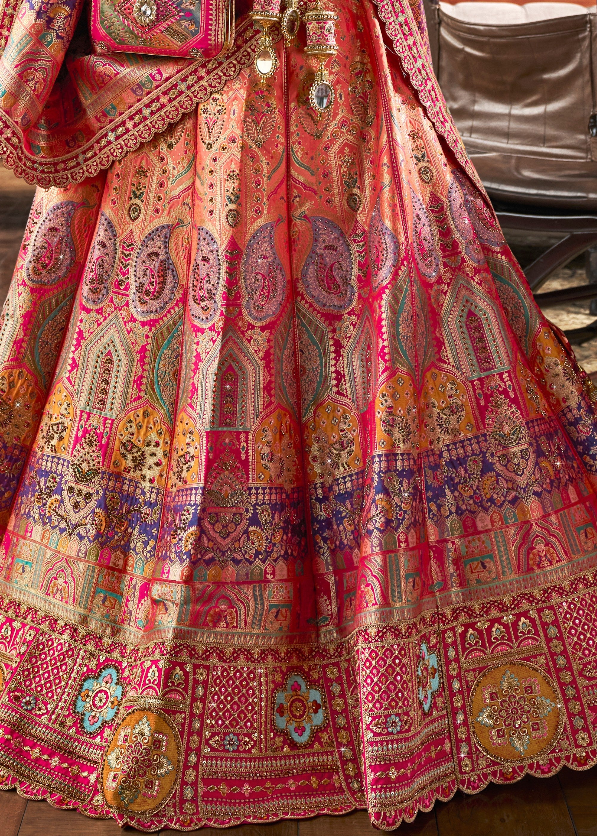 Coral Pink Banarasi Silk Lehenga with Zarkan Codding work | Ready To Wear - qivii
