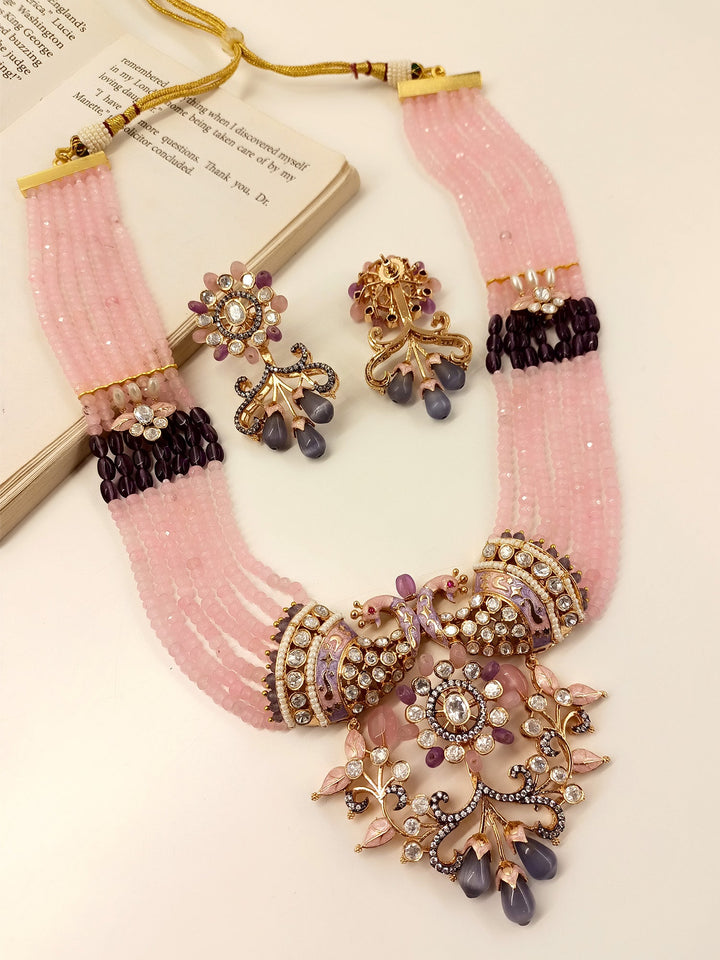 Madhurima Pink Peacock Kundan Necklace Set