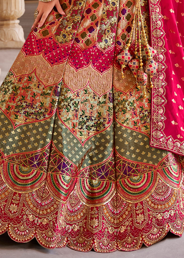 Green & Pink Banarasi Silk Lehenga Choli with Zarkan, Sequence and Thread Work