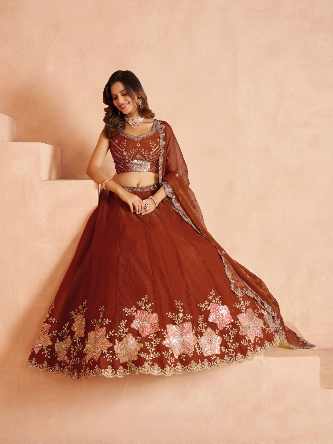 Rust Bridal Lehenga Choli with Intricate Bead and Sequins Embroidery