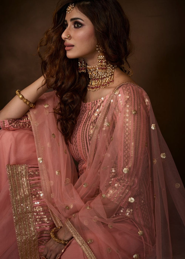 Rouge Pink Designer Soft Net Sharara Suit with Sequin, Thread and Dori work By Qivii