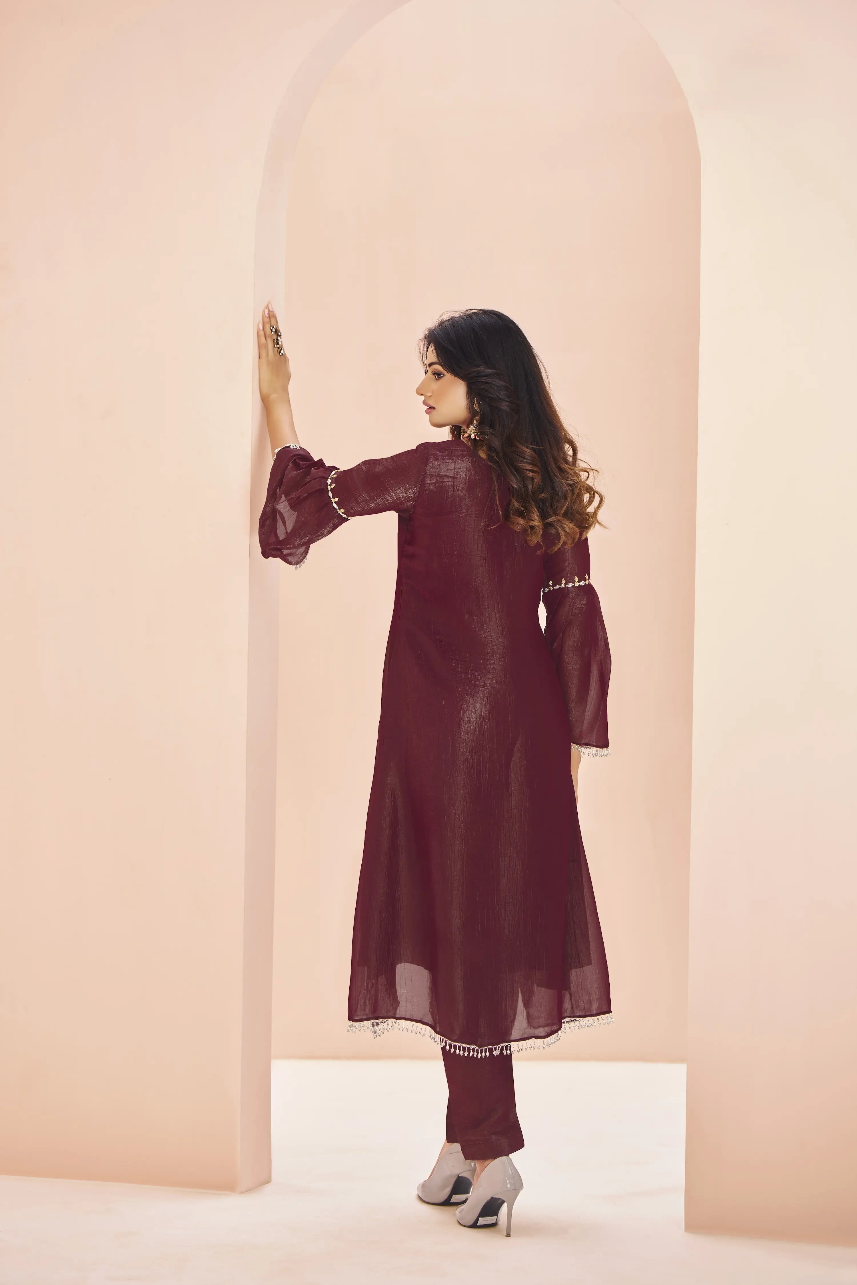 Maroon Organza Salwar Suit With Handwork - qivii